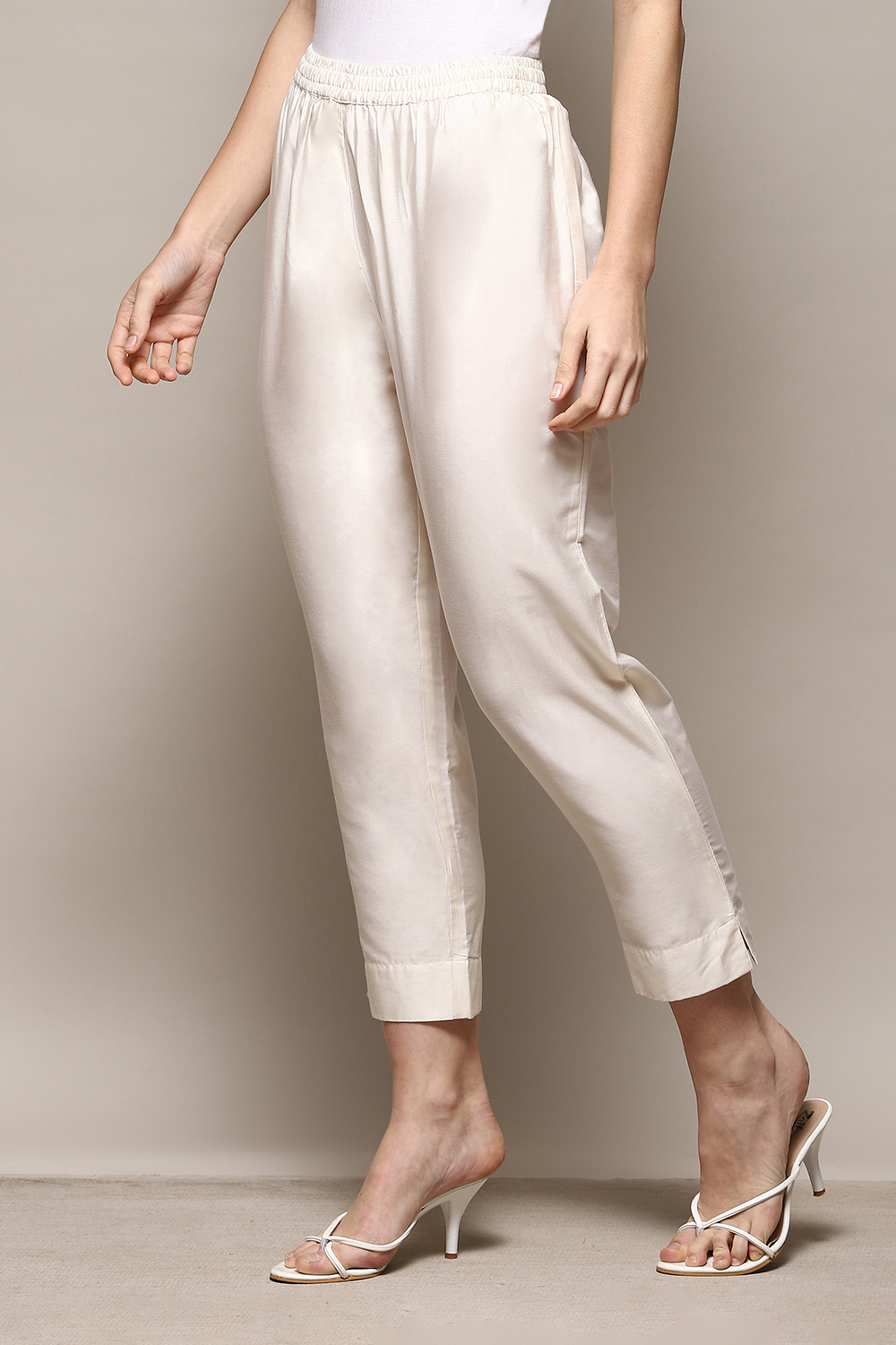 Cream Poly Viscose Slim Yarndyed Pants image number 2