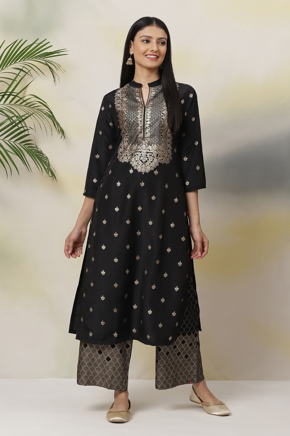 Black Art Silk Straight Printed Kurta image number 4