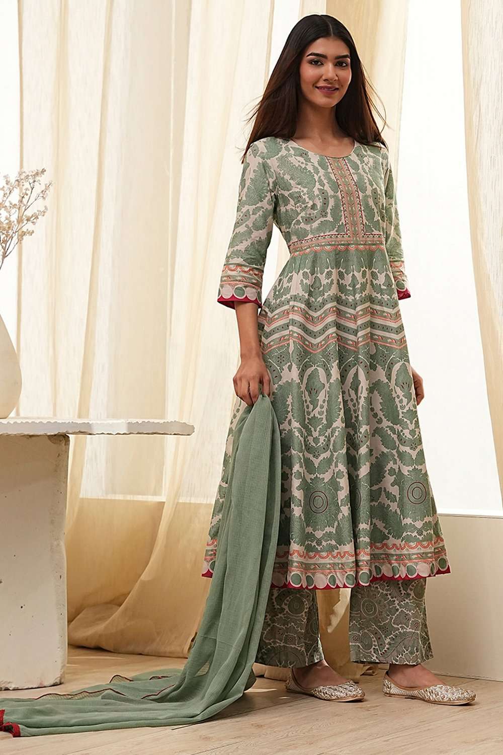 Green Cotton Printed Anarkali Suit Set image number 6