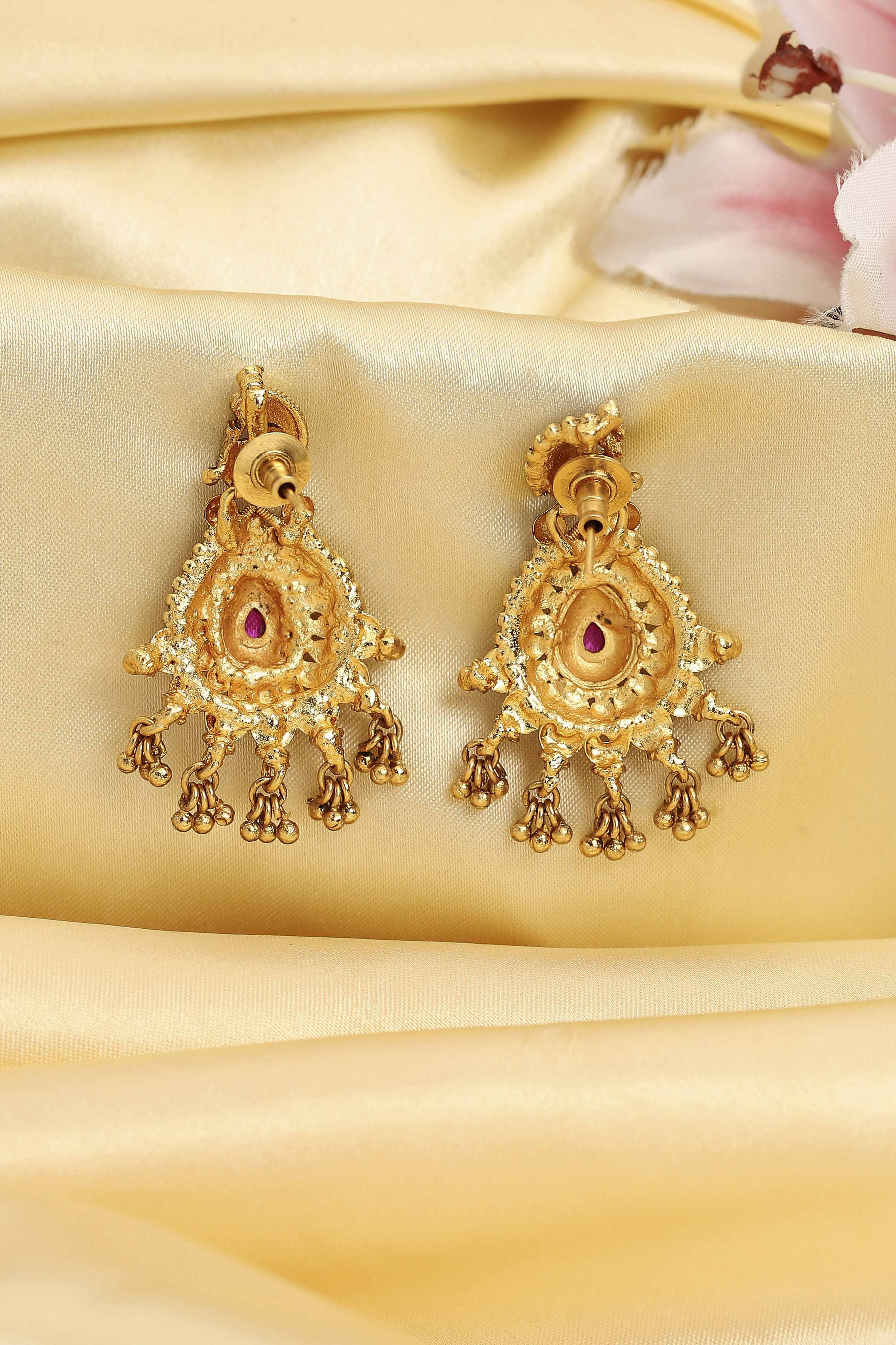 Red Gold Plated Minimal Stone Studded Drop Earrings image number 2