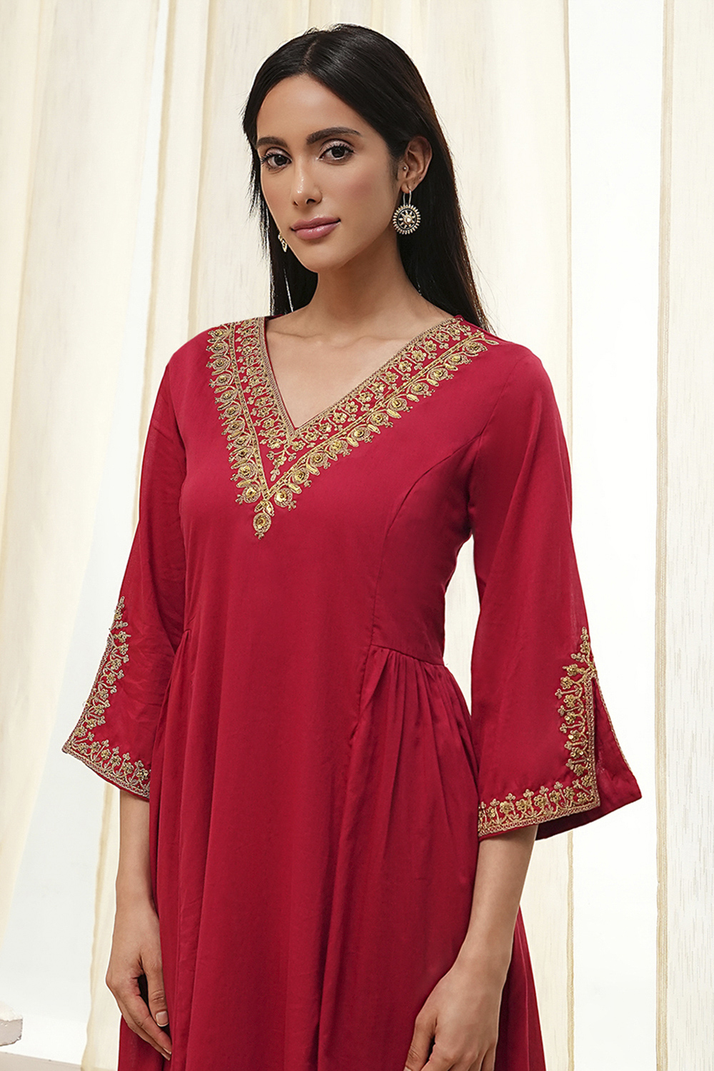 Red Cotton Solid A-Line Kurta image number 1