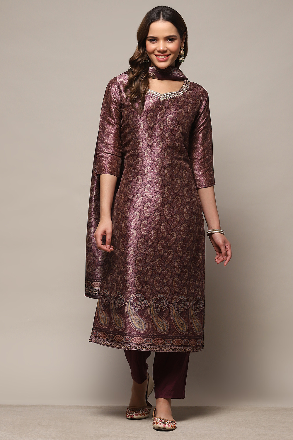 Buy Wine Silk Blend Unstitched Suit set Kurta Bottom Dupatta
