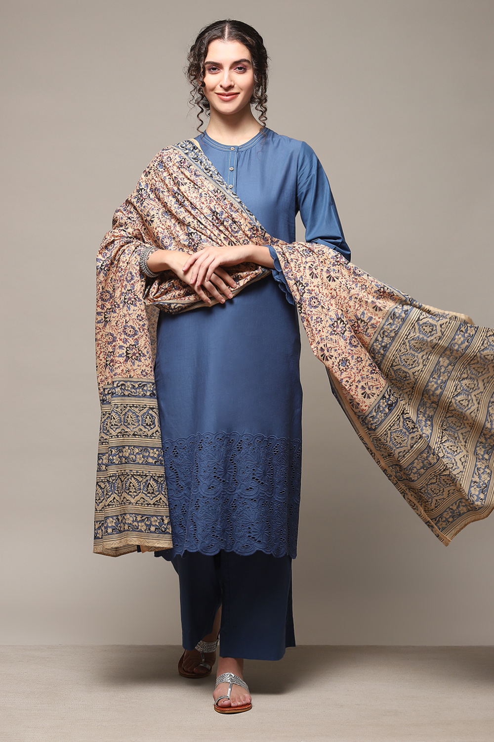 Blue Cotton Straight Kurta Palazzo Suit Set image number 0