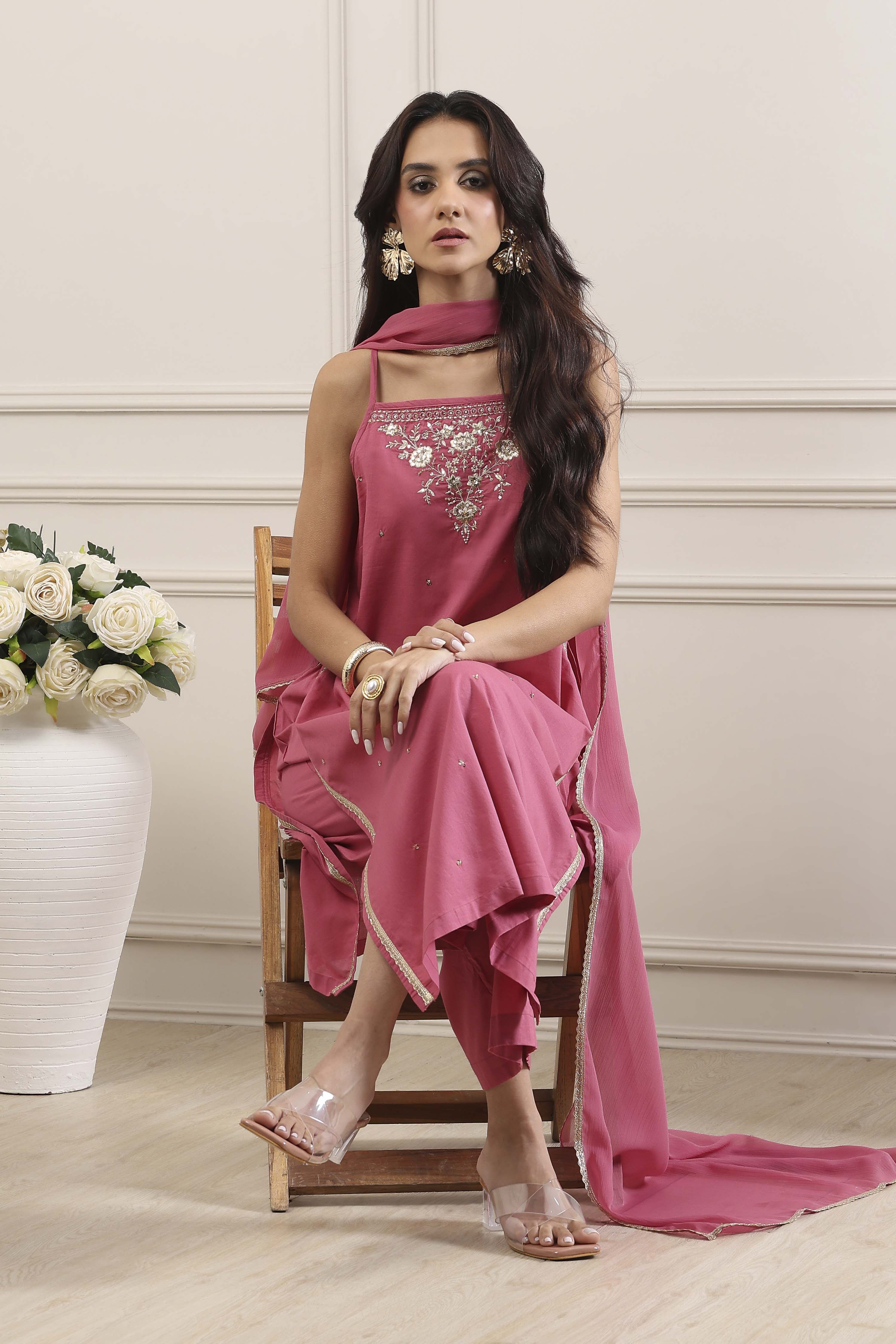 Pink Cotton Straight Suit Set image number 0