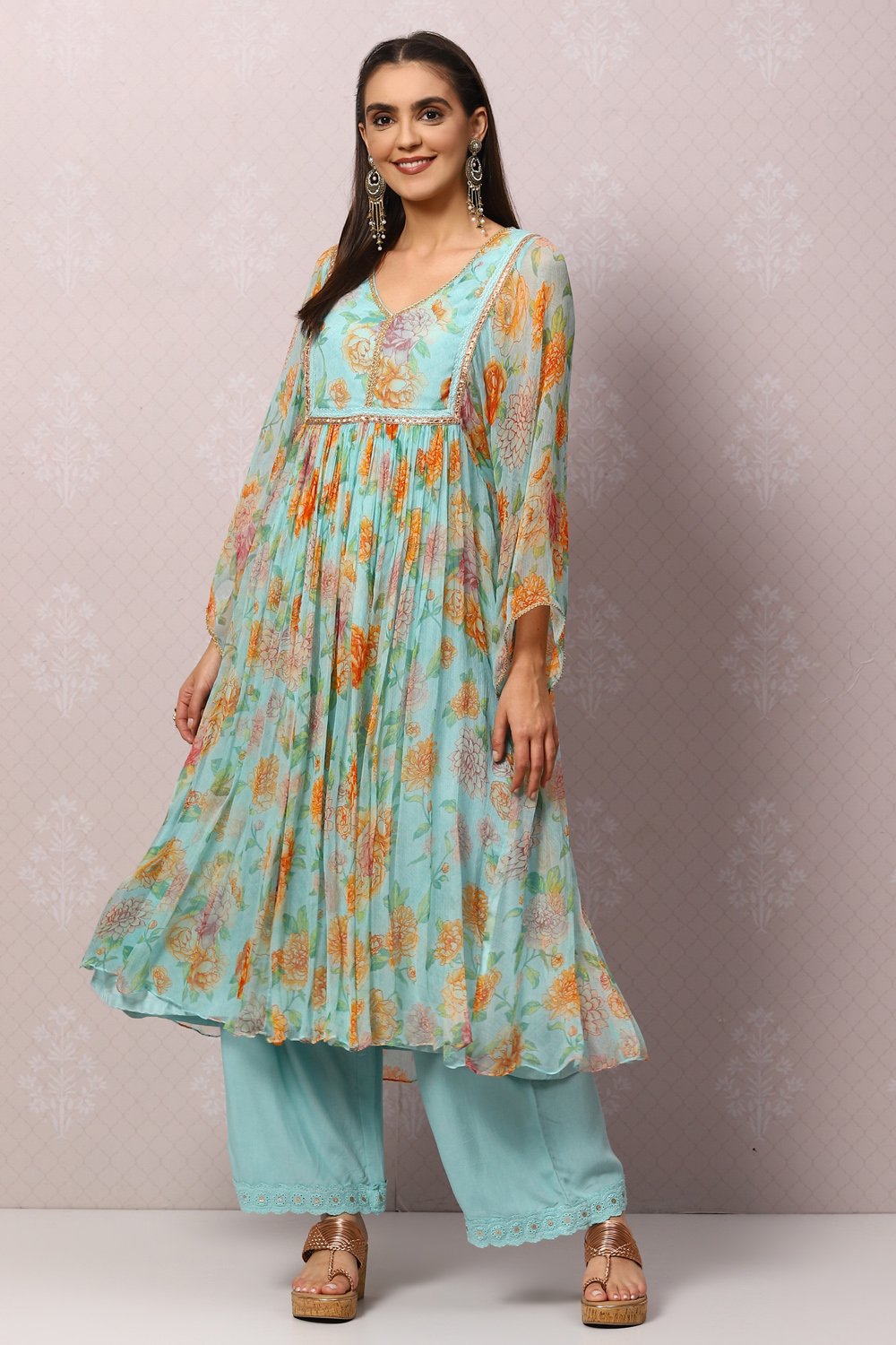 Peach Viscose Flared Kurta Palazzo Suit Set image number 0