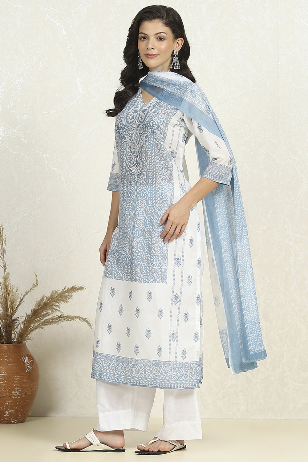 White-Blue Cotton Unstitched Suit Set image number 4