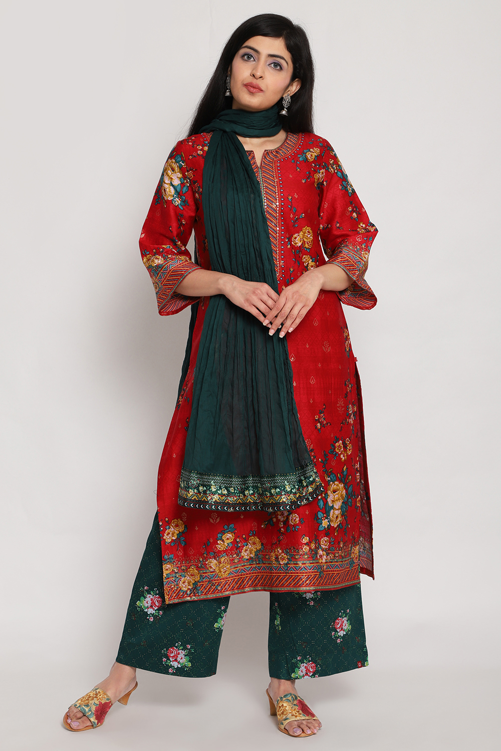 Red Cotton Straight Printed Kurta image number 2