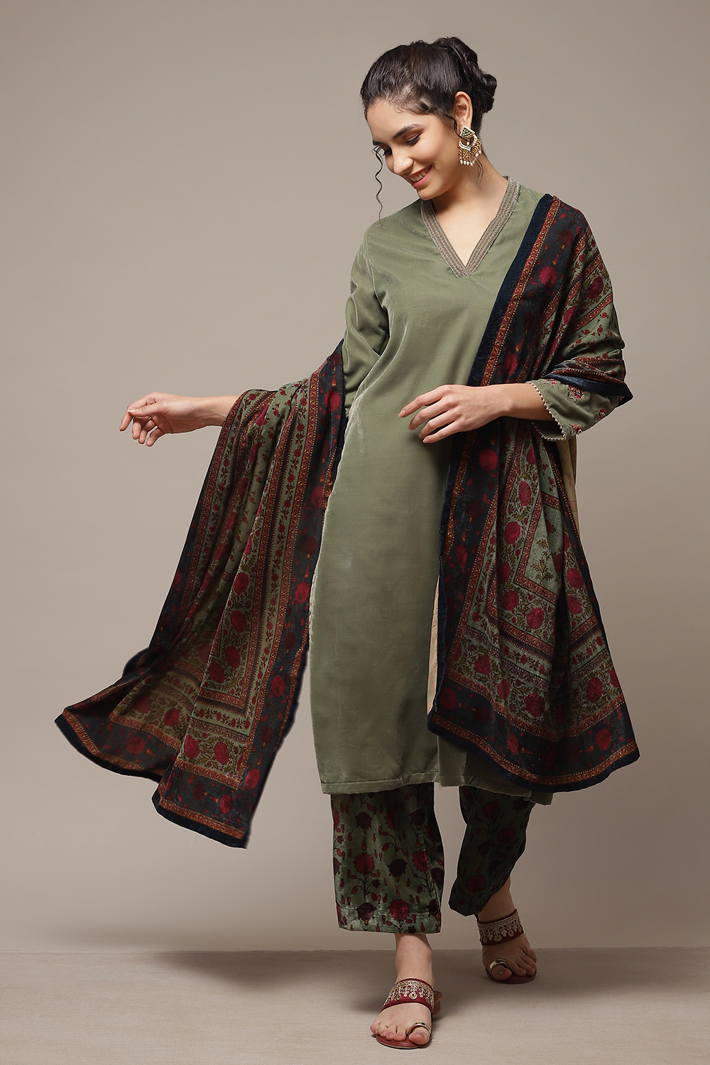 Dark Military Green Art Silk Straight Kurta Palazzo Suit Set image number 0