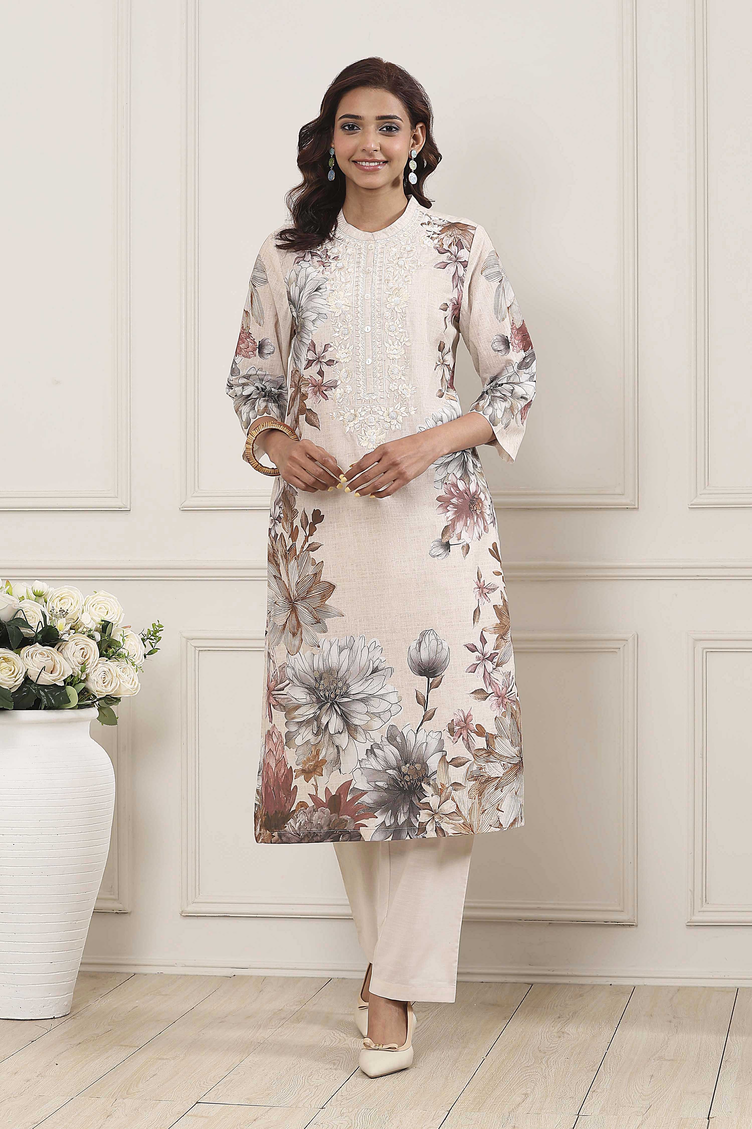 Beige Cotton Floral Printed Straight Kurta Set image number 0