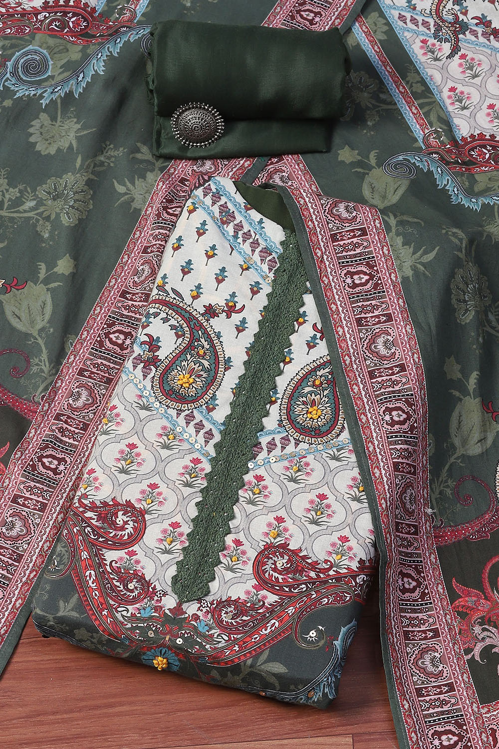 Olive Cotton Unstitched Suit set image number 0