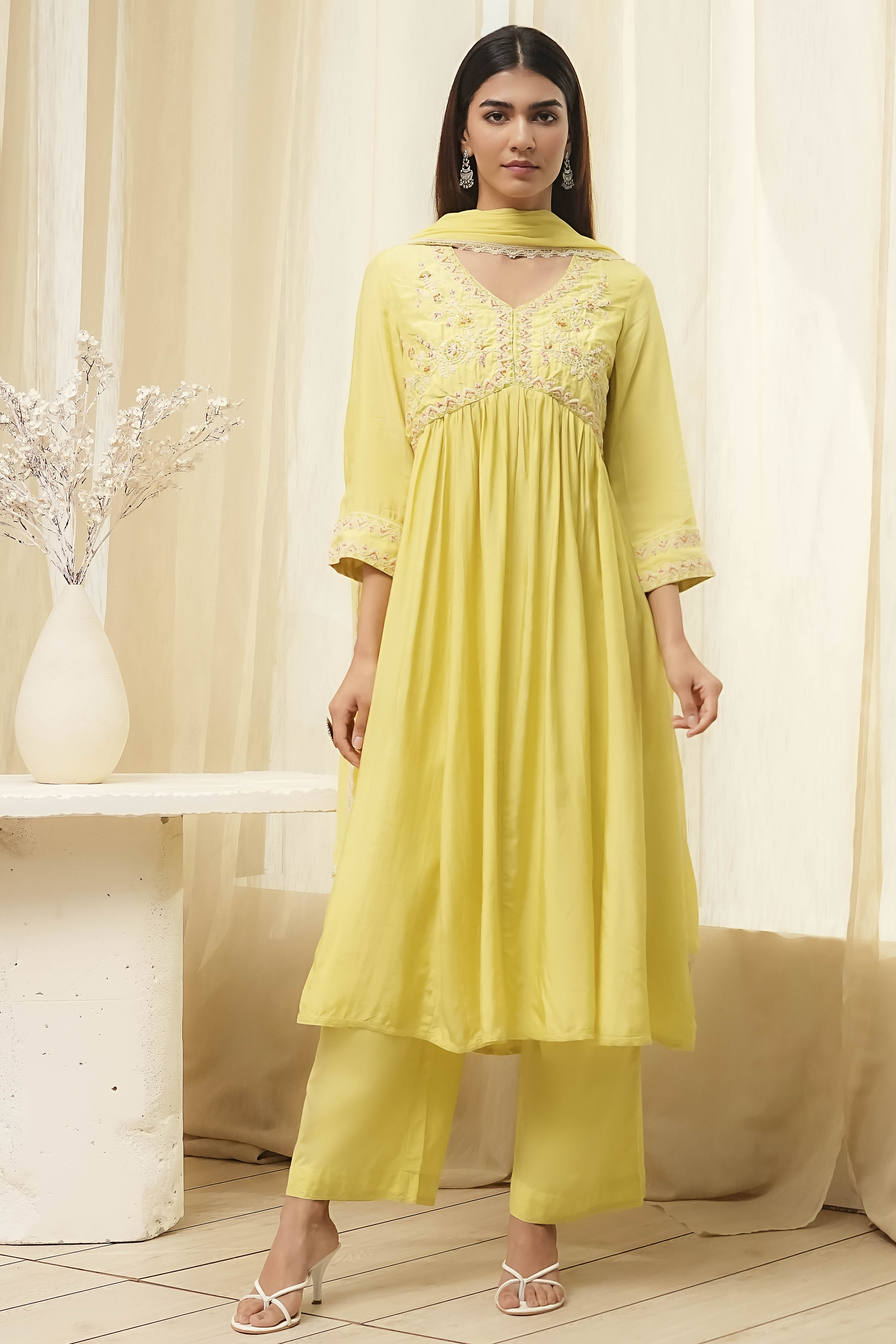 Lime Modal Blend Embroidered Gathered Suit Set image number 6