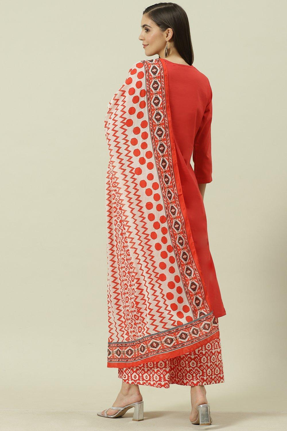 Red Solid Cotton Straight Kurta Regular Pants Suit Set image number 4