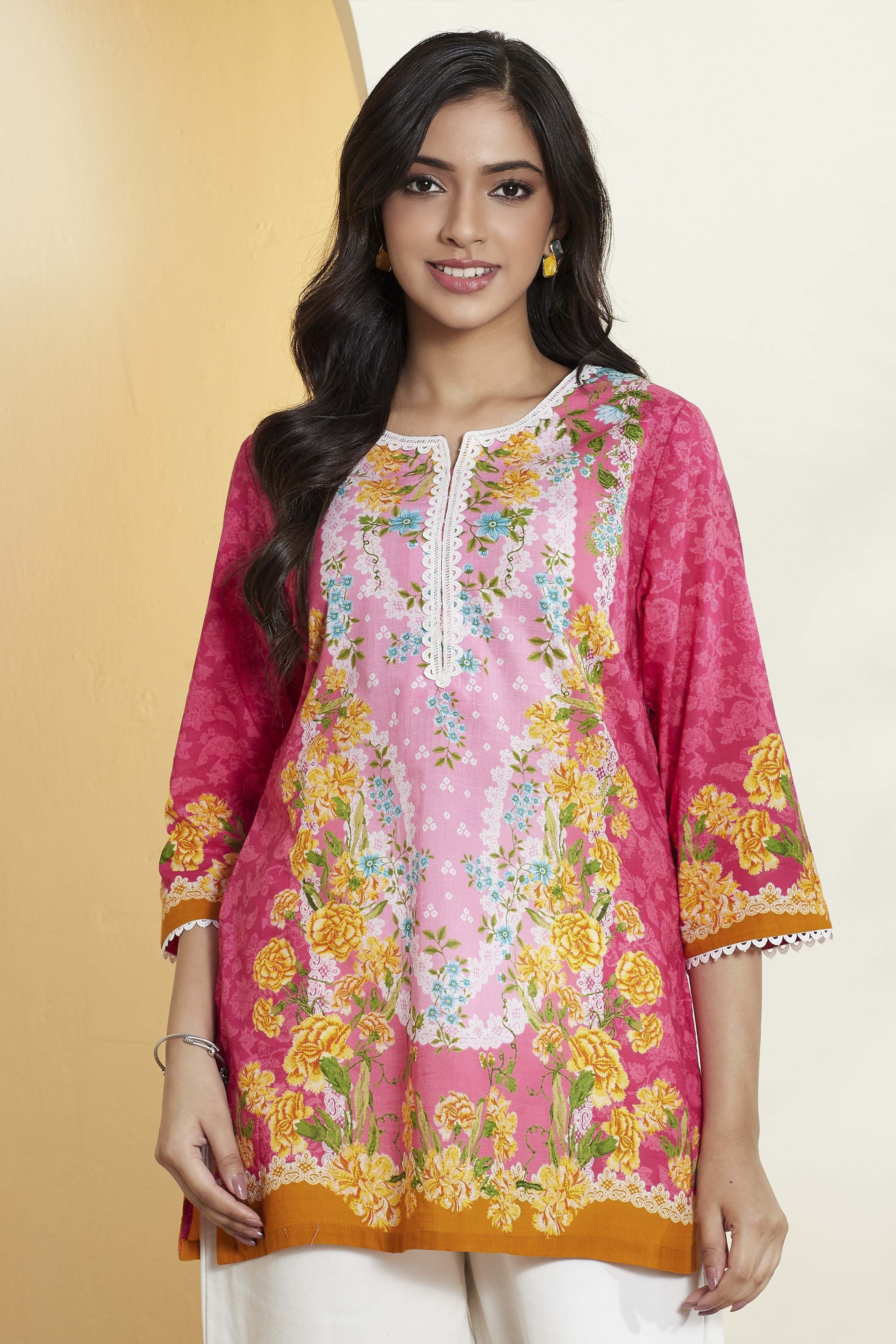 Sage Green Cotton Floral Printed Straight Kurti image number 6