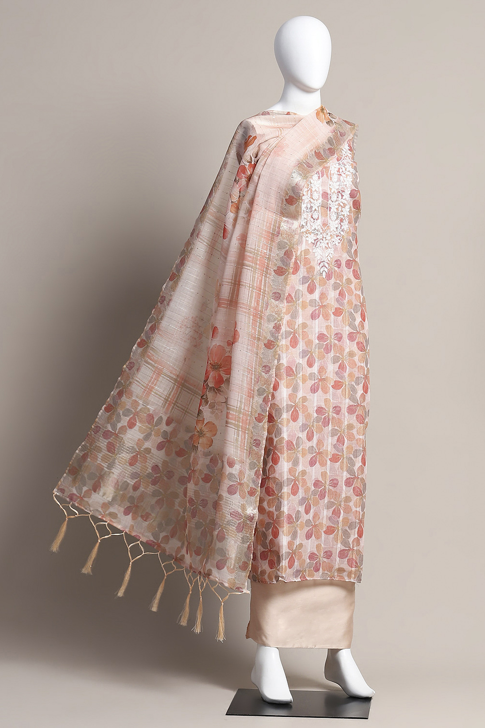 Peach Cotton Blend Unstitched Suit Set image number 0