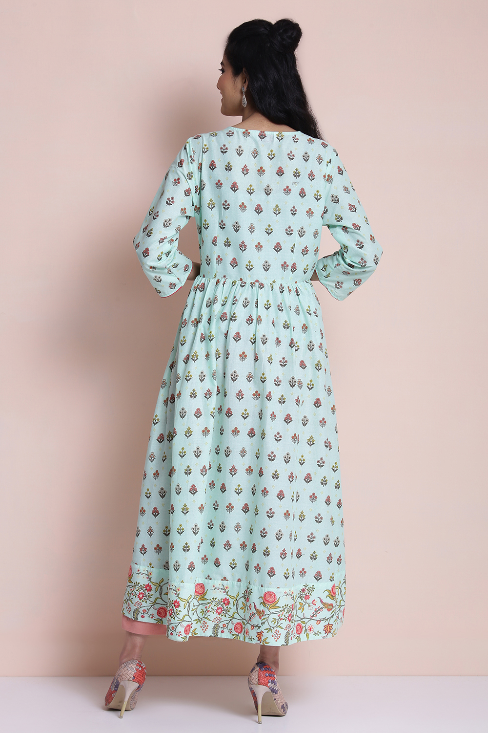 Mint Cotton High Slit Printed Kurta image number 5