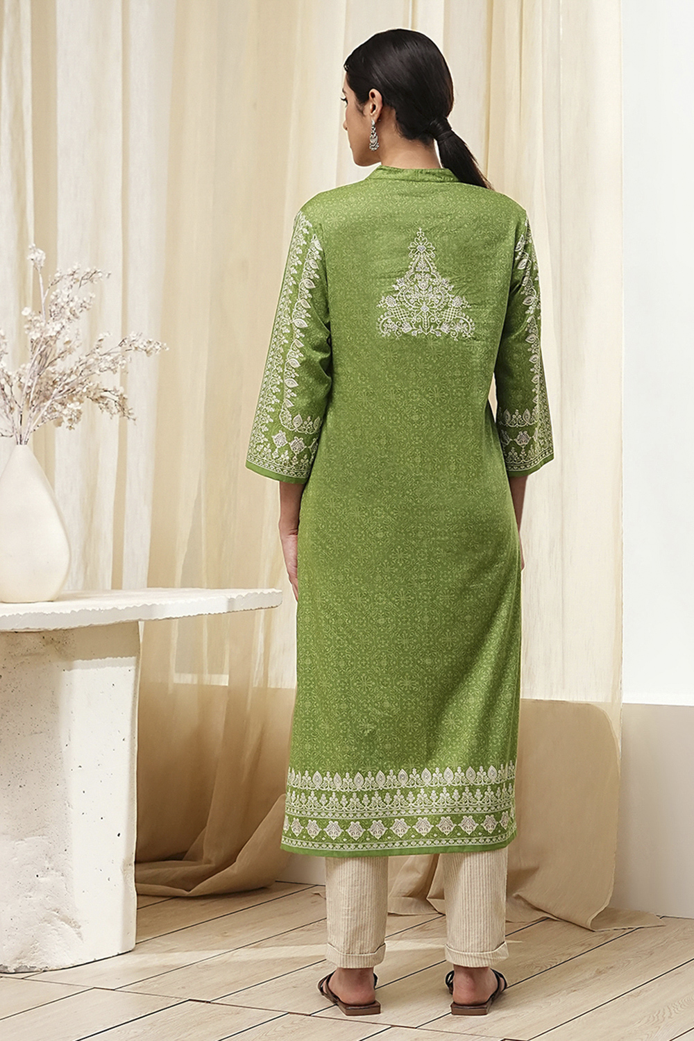 Green Cotton Printed Straight Kurta image number 3