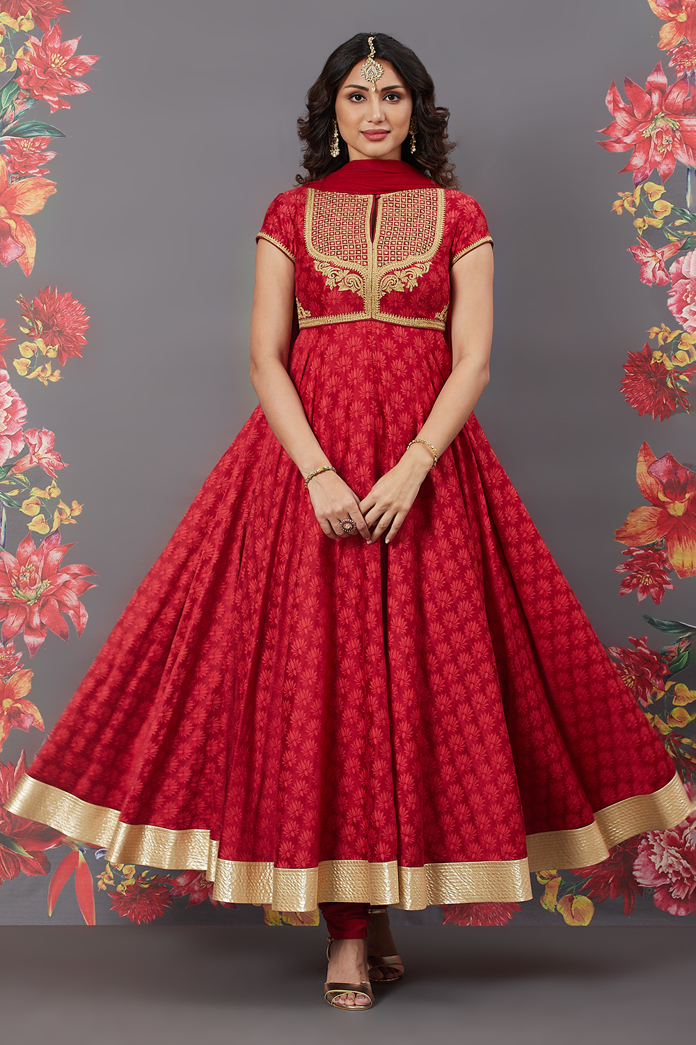 Rohit Bal Red Silk Flared Solid Suit Set image number 0