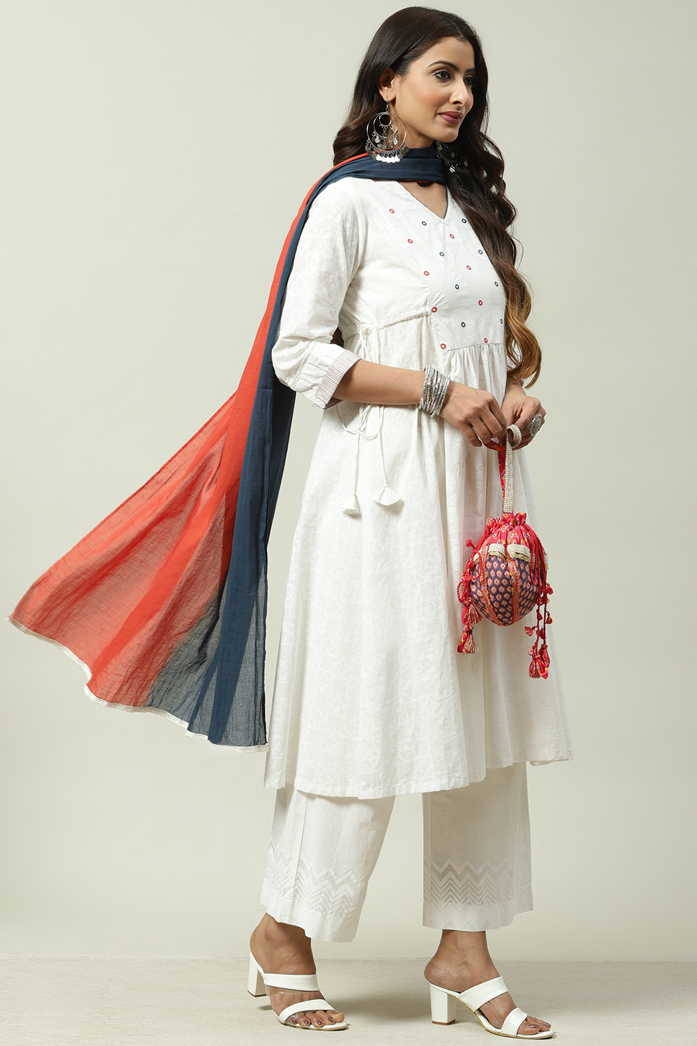 White Cotton Flared Kurta Cropped Palazzo Suit Set image number 6