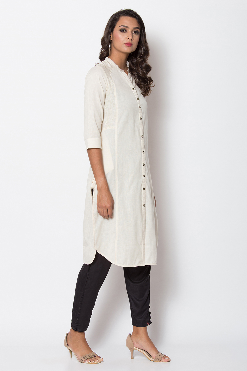 Orange Cotton Flax Front Open Solid Kurta image number 2