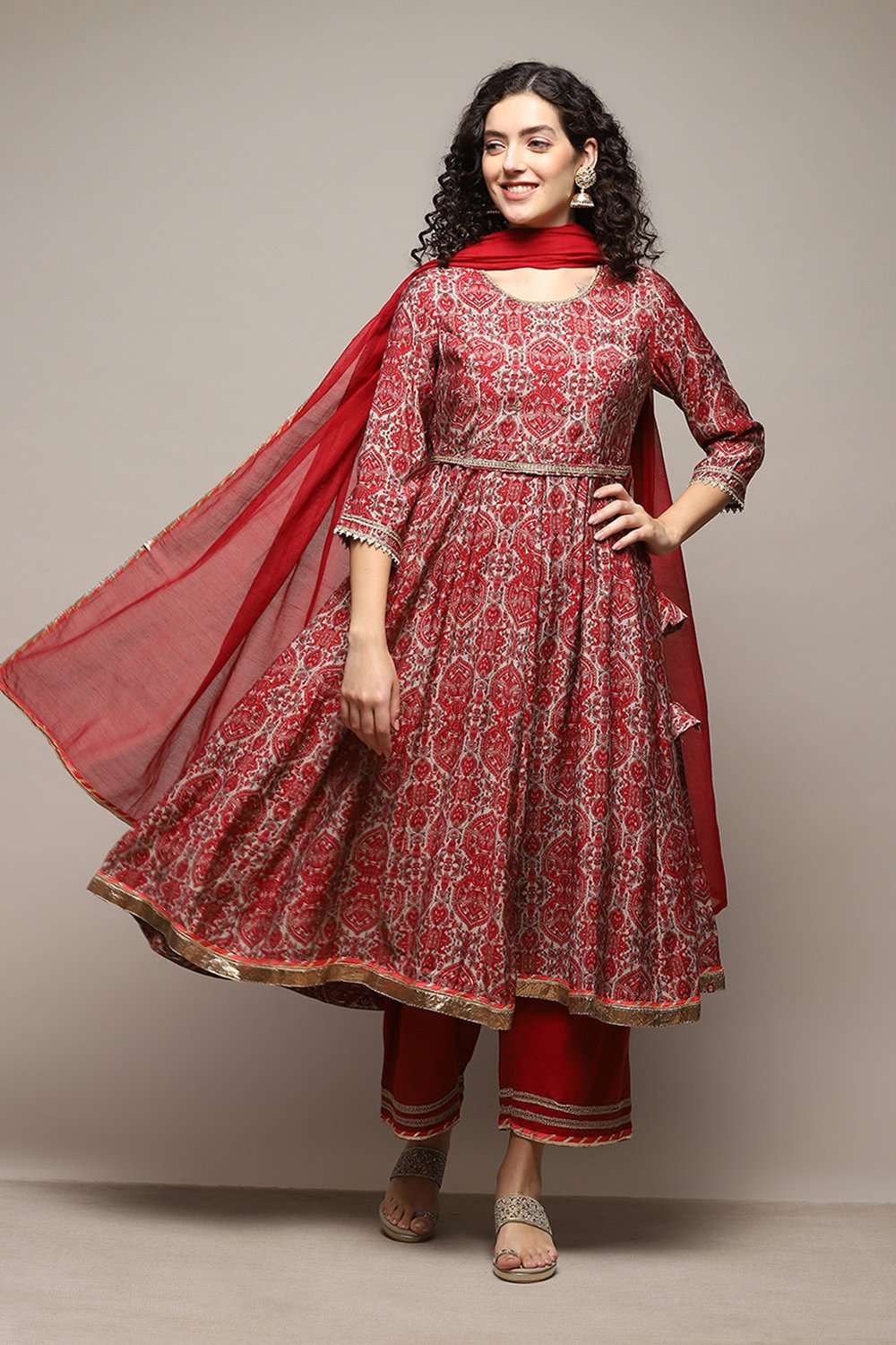 Red Poly Viscose Anarkali Kurta Palazzo Suit Set image number 0