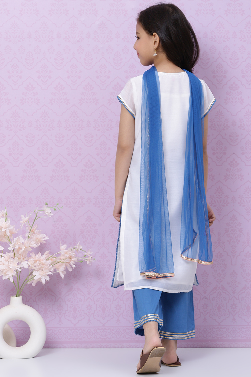 White And Blue Art Silk Straight Straight Kurta Palazzo Suit Set image number 4