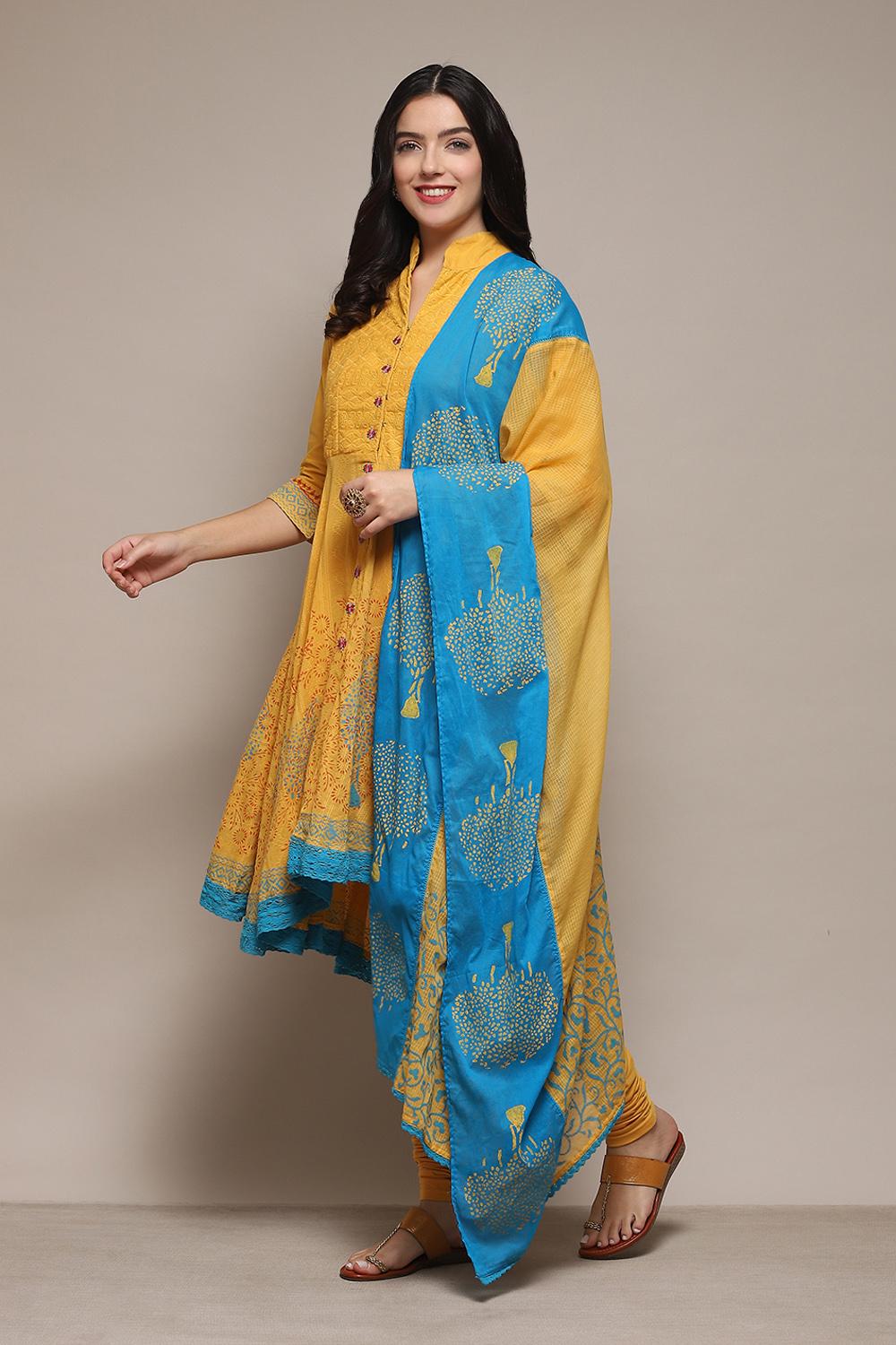 Yellow & Blue Cotton Anarkali Solid Kurta Churidar Suit Set image number 3