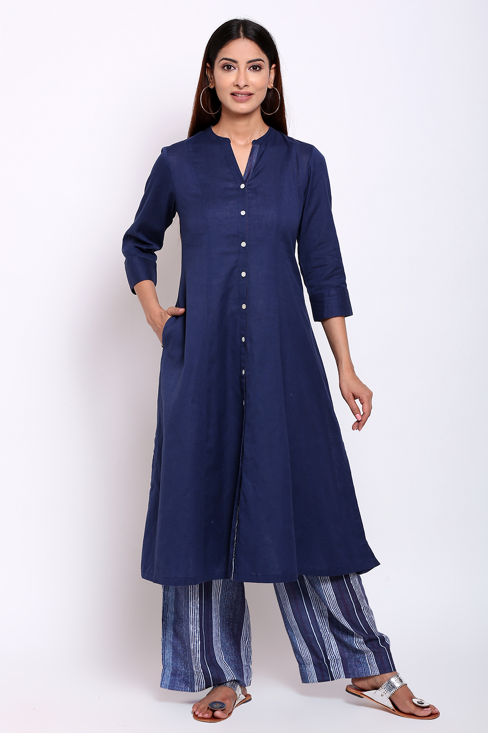 Navy Blue Cotton Flax A-Line Kurta Palazzo Suit Set image number 0