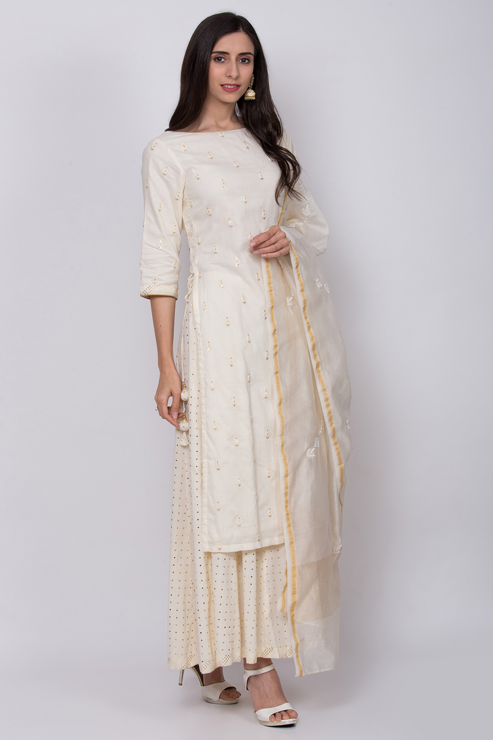 Off White Cotton Kurta Sharara Kurta Sharara Suit Set image number 3