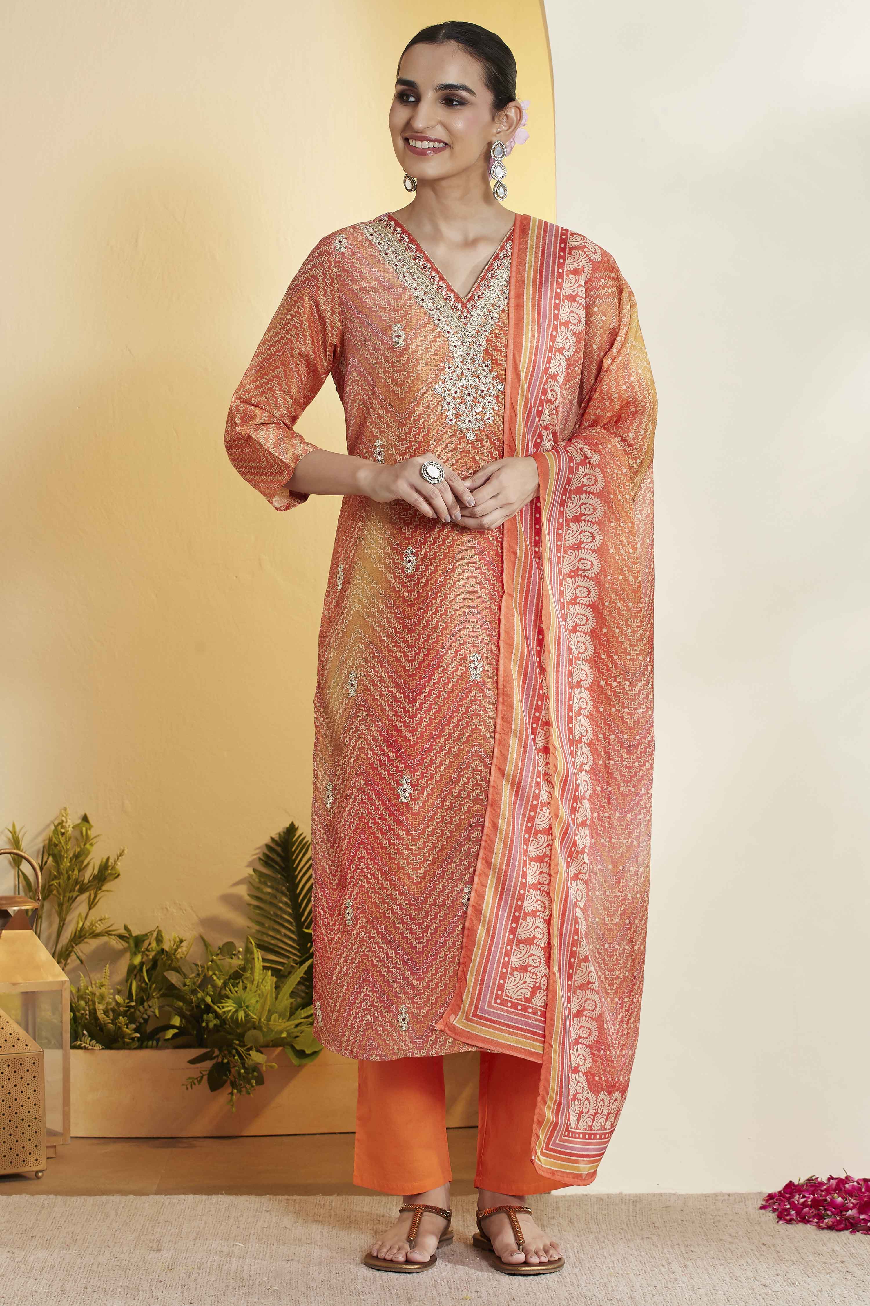 Orange Polyester Straight Printed Suit Set image number 7