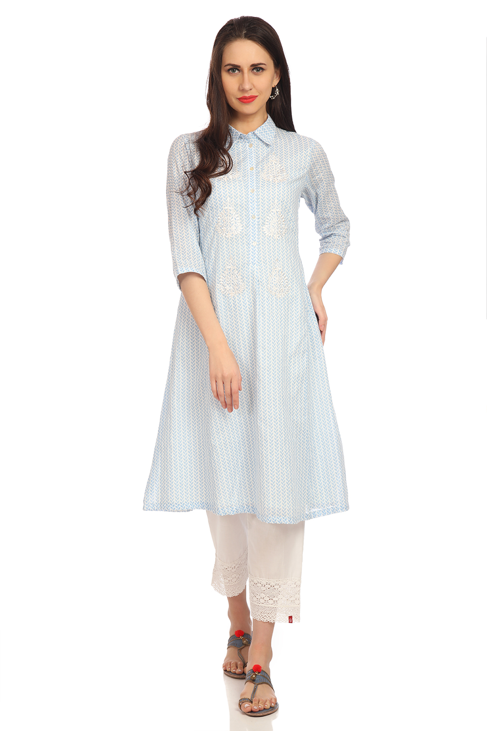 Sky Blue A-Line Chikankari Cotton Printed Kurta image number 0