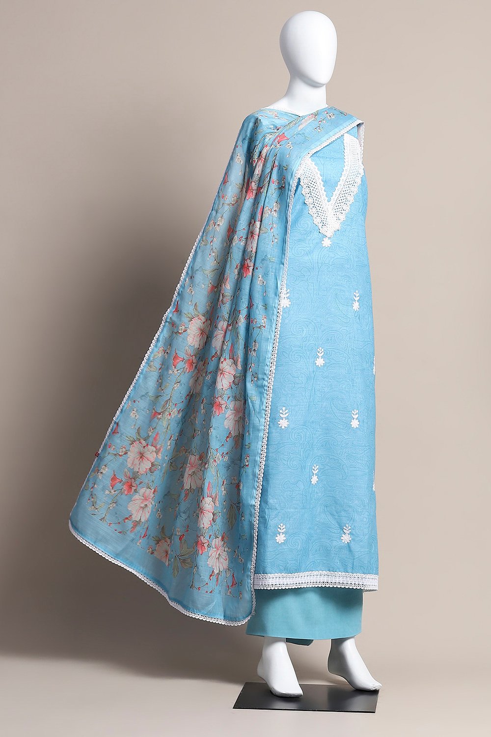 Sky Blue Linen Unstitched Suit Set image number 0