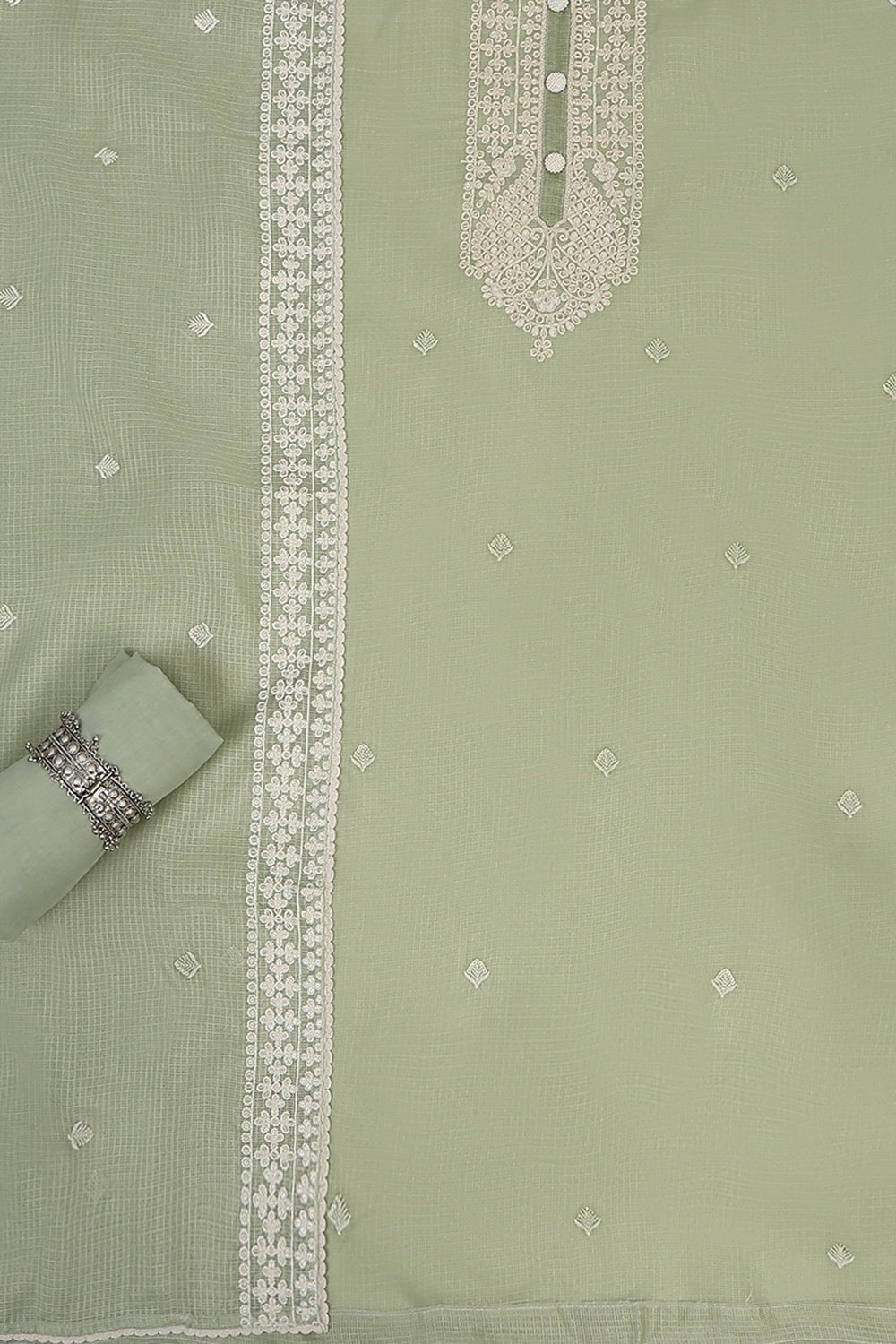 Green Cotton Embroidered Unstitched Suit Set image number 1