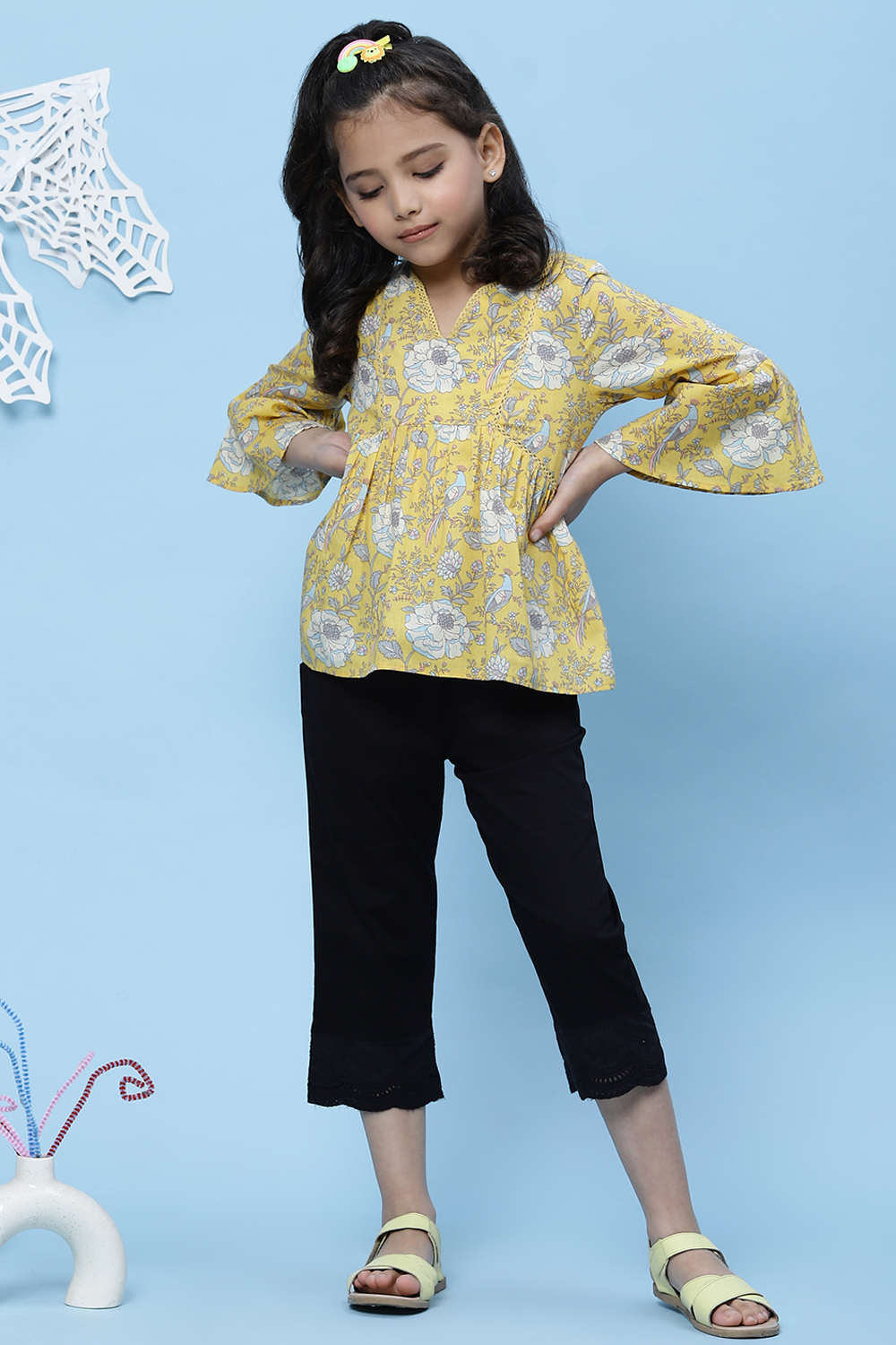 Yellow Cotton Flared Printed Top image number 5