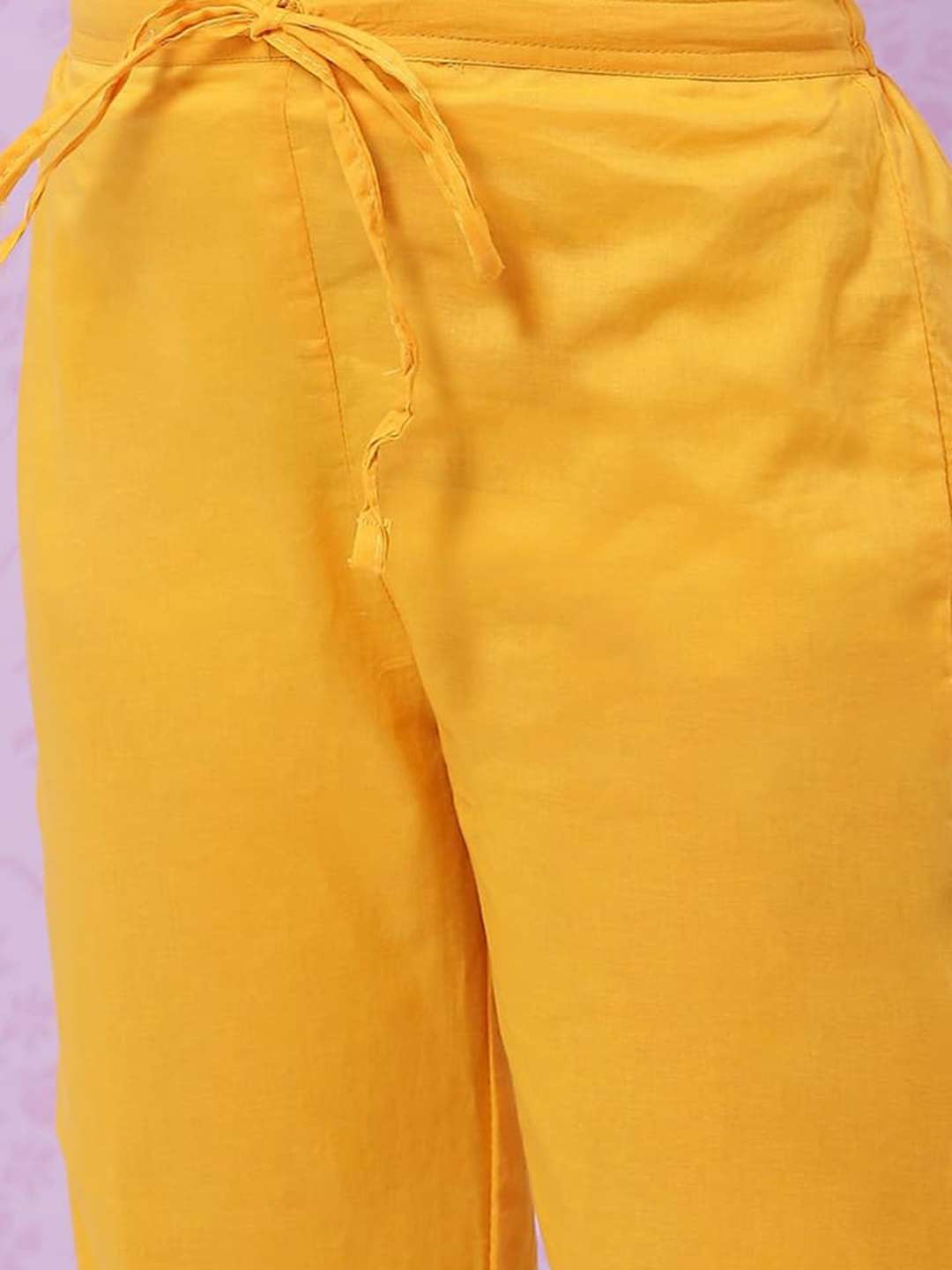 Yellow Cotton Anarkali Kurta Narrow Pants Suit Set image number 2