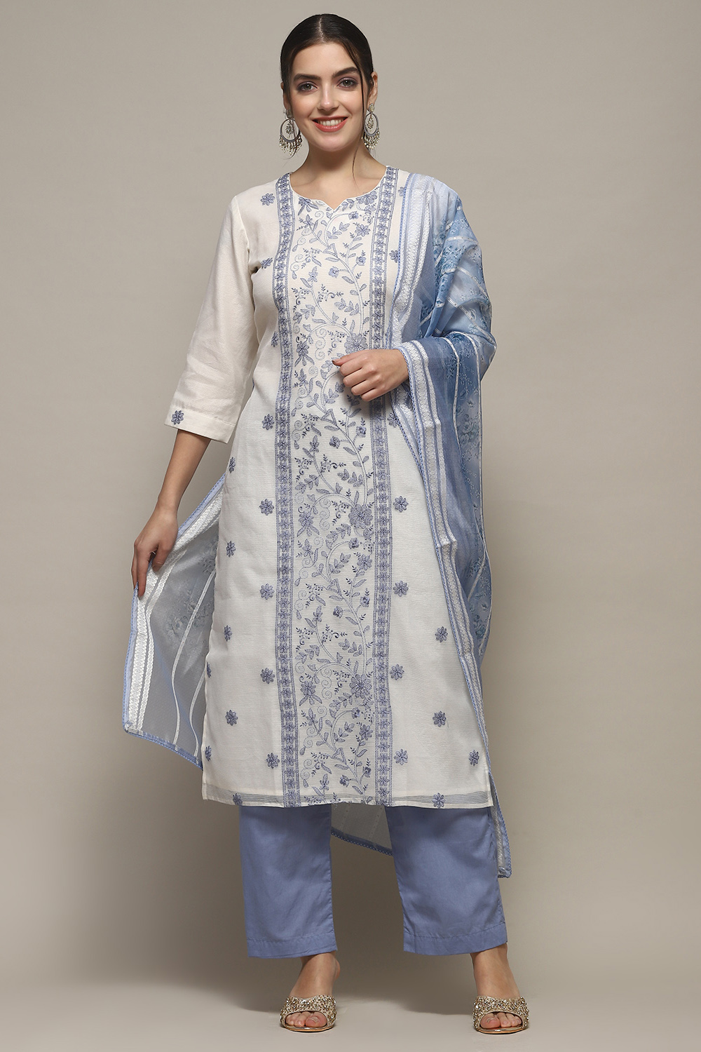 White Blue Cotton Blend Unstitched Suit set image number 1