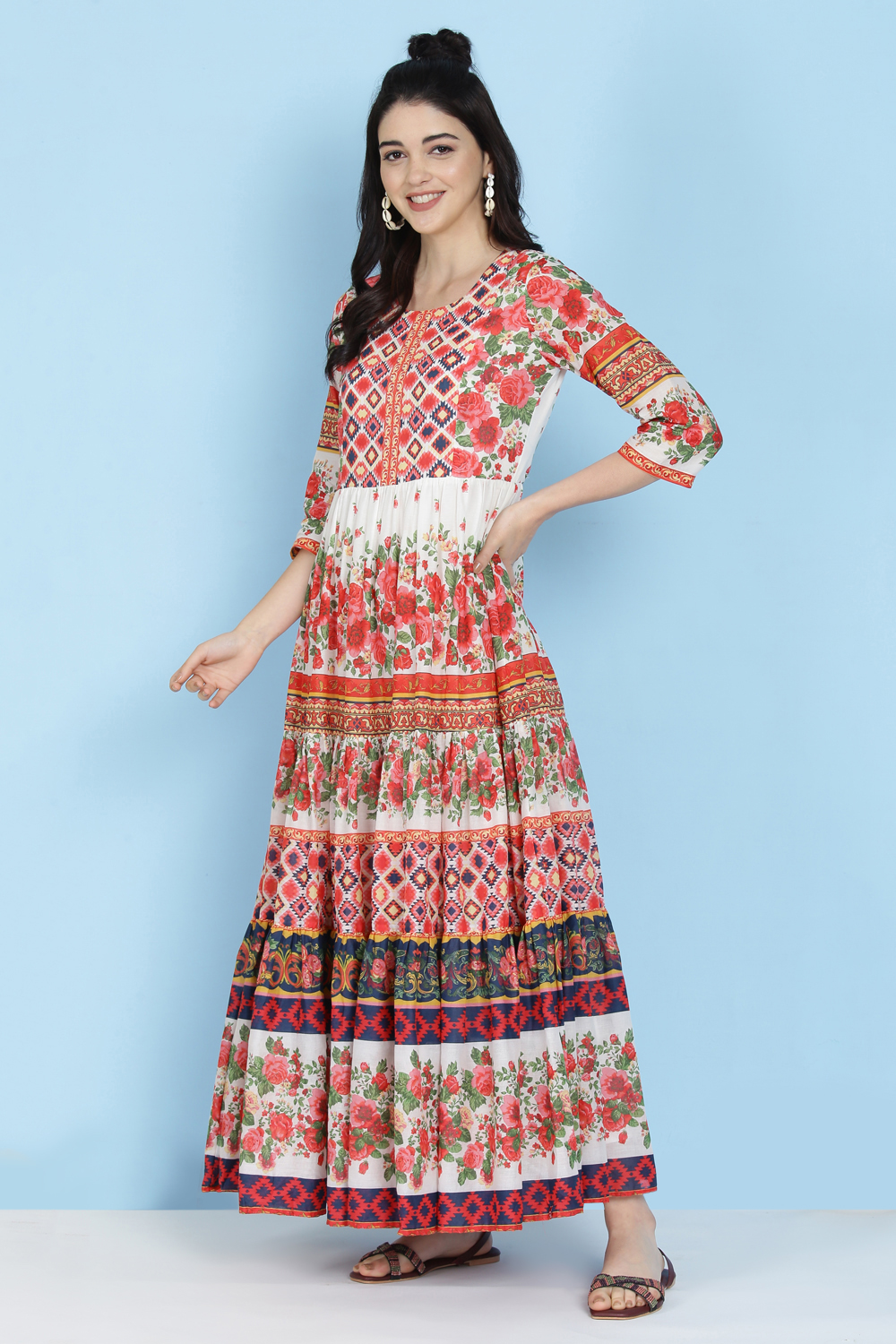 Off White Cotton Tiered Dress image number 2