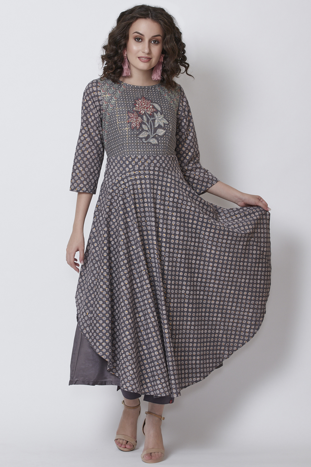 Dark Grey Metallic Cotton Anarkali Printed Kurta image number 0