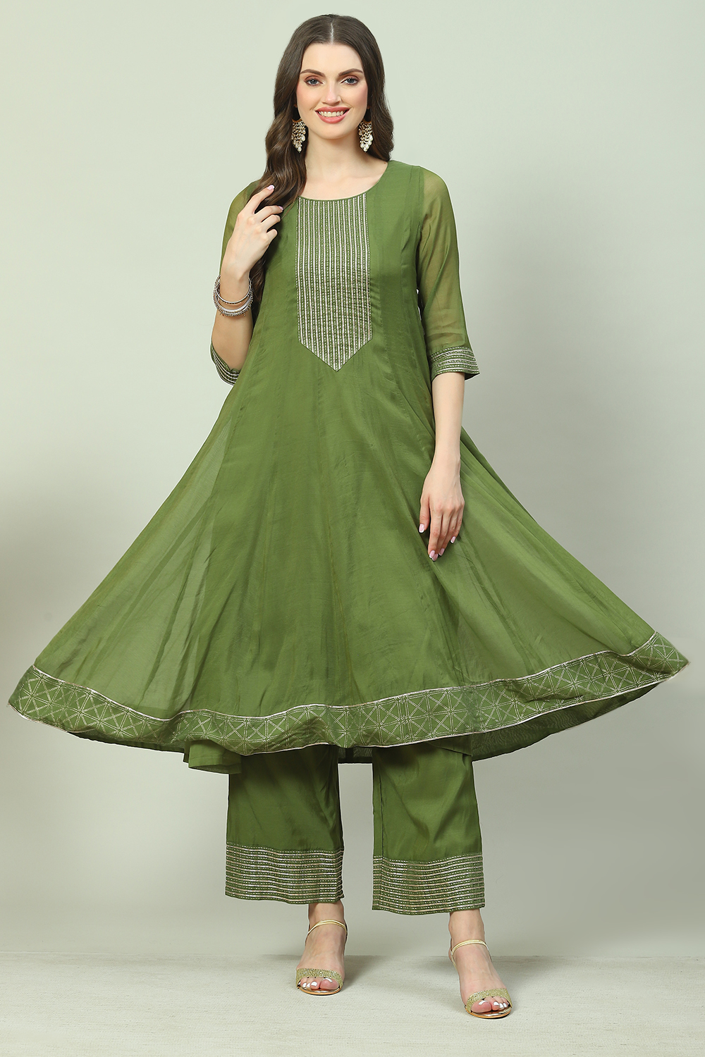 Green Art Silk Flared 2 Piece Set image number 5