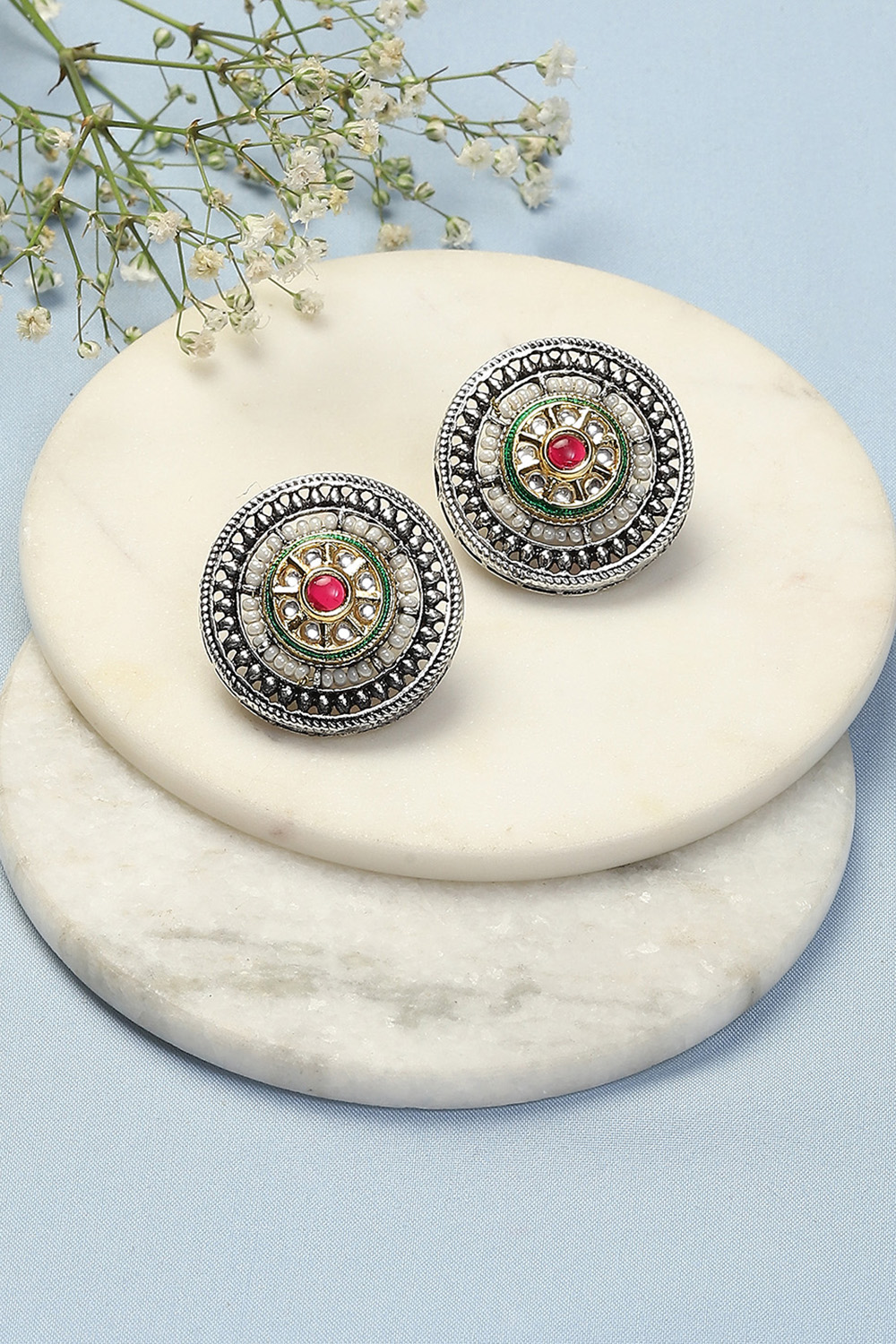 Oxidised Red & Green Brass Earrings image number 0
