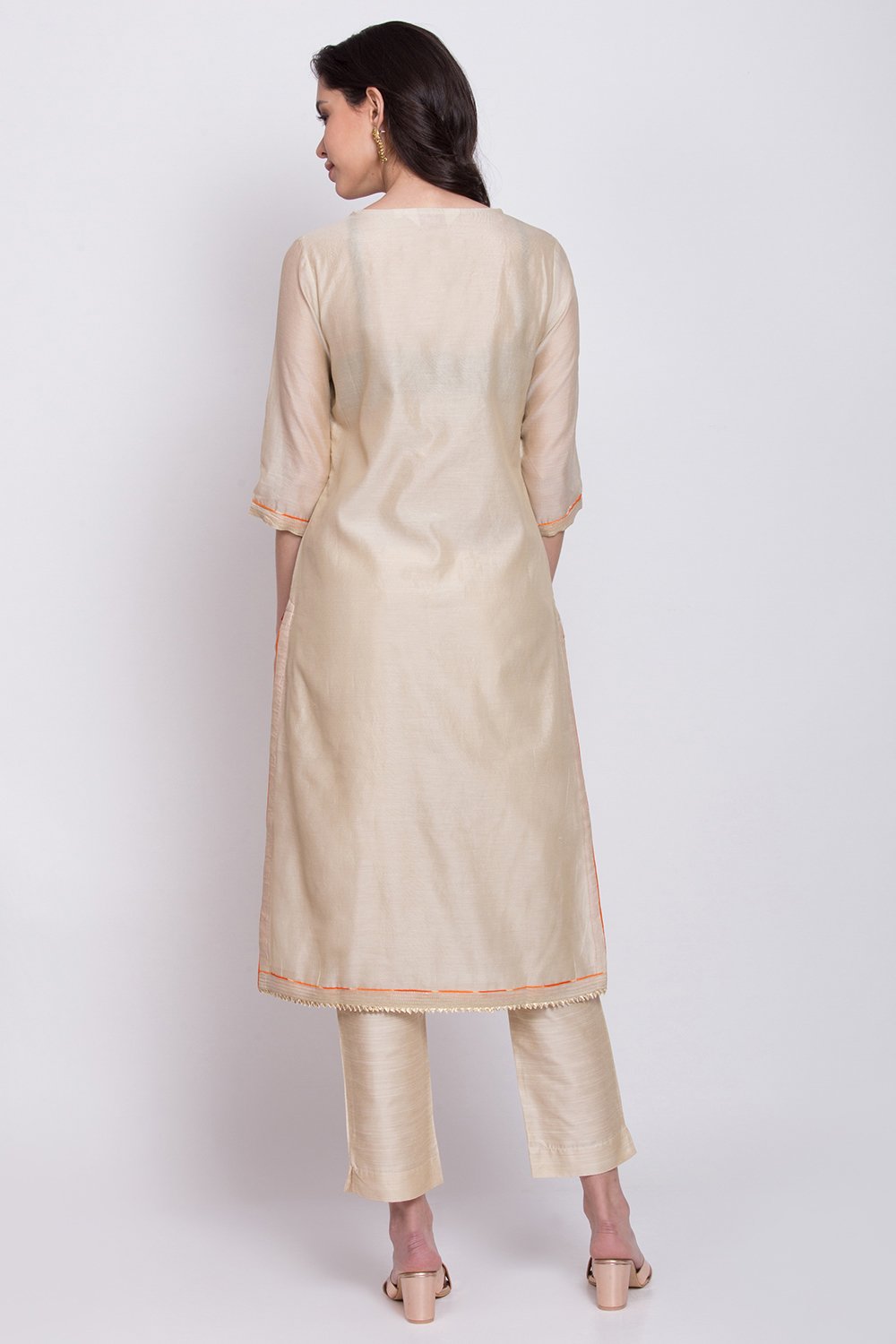 Beige Poly Cotton Straight Kurta Slim Pant Suit Set image number 4