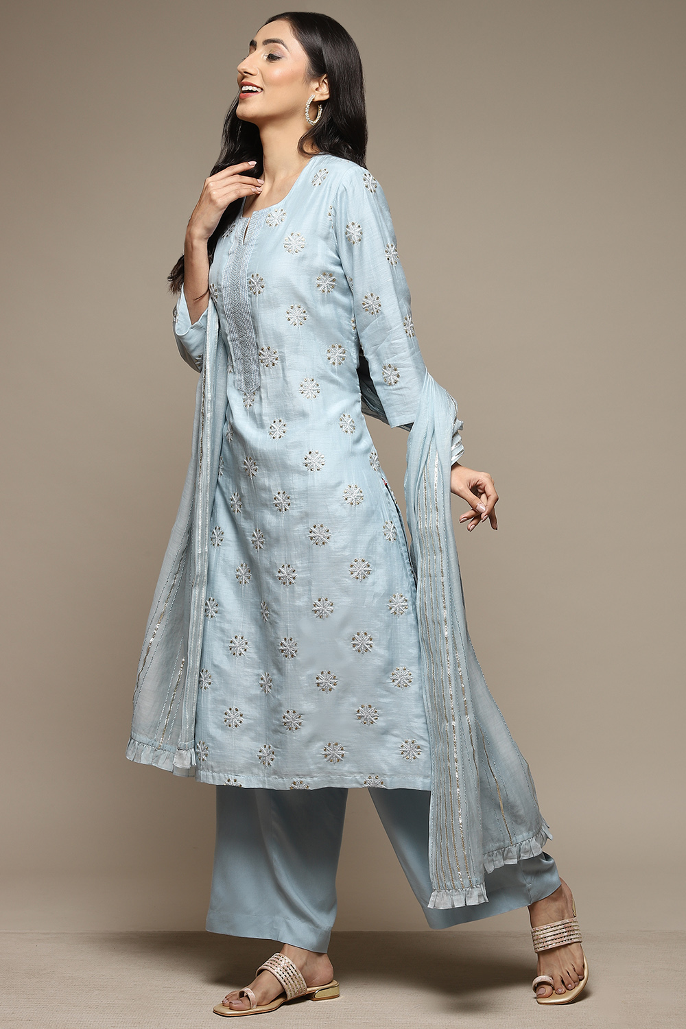 Powder Blue Cotton Blend Straight Kurta Palazzo Suit Set image number 7