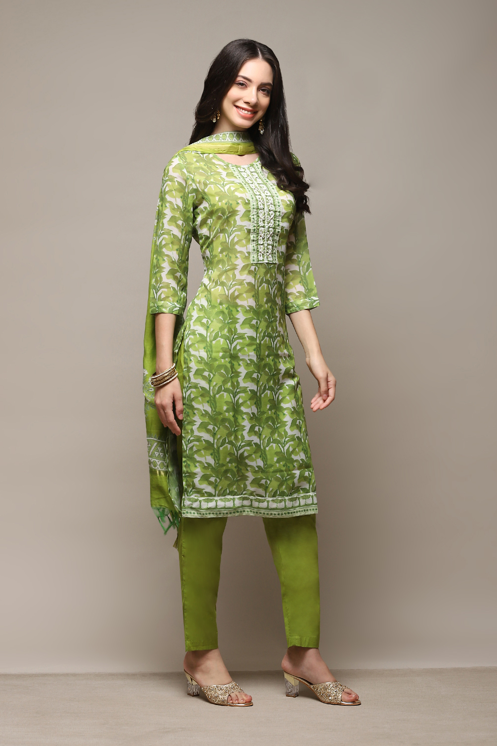 Green Silk Blend Printed Unstitched Suit Set image number 7