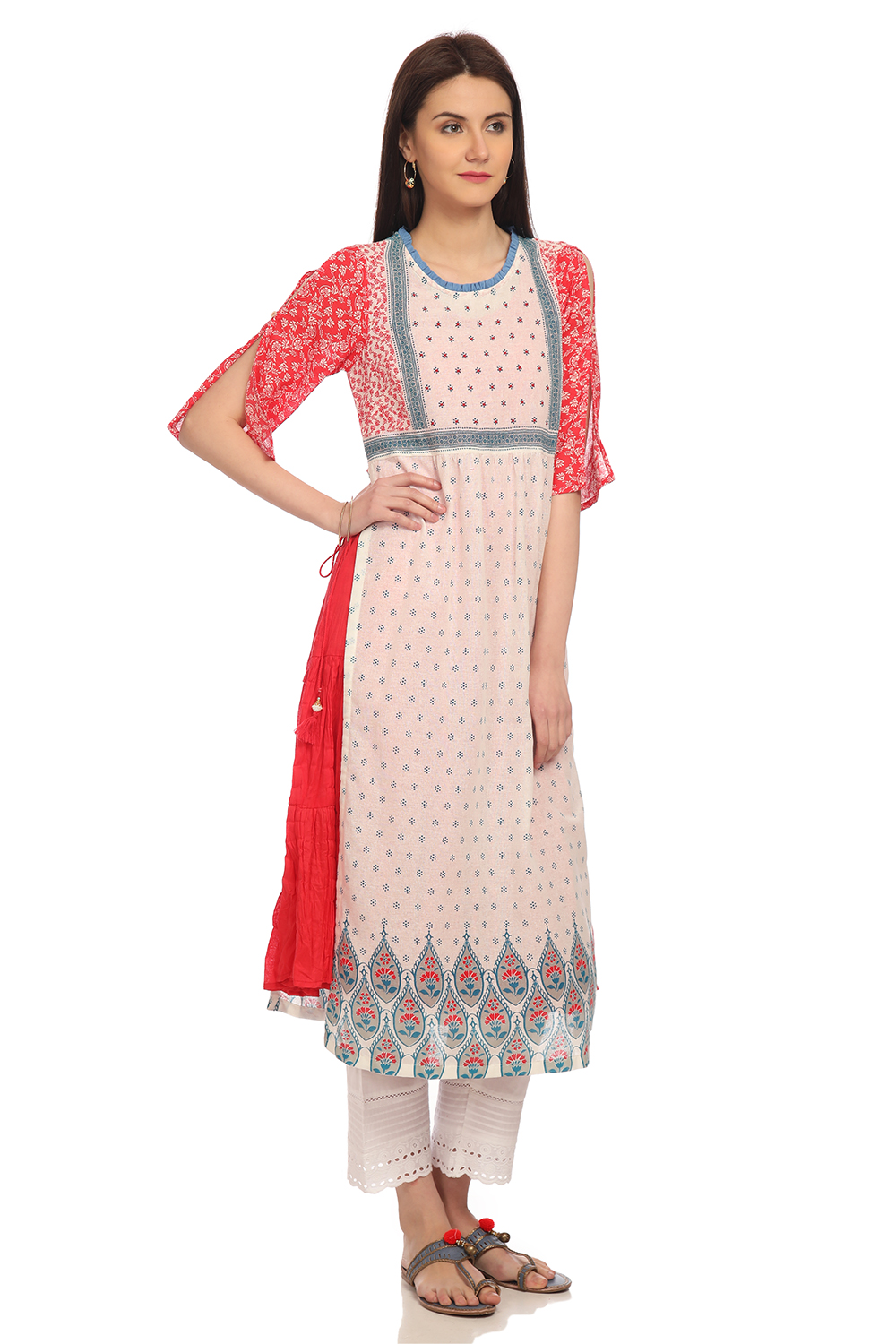 White Flared Cotton Printed Kurta image number 3