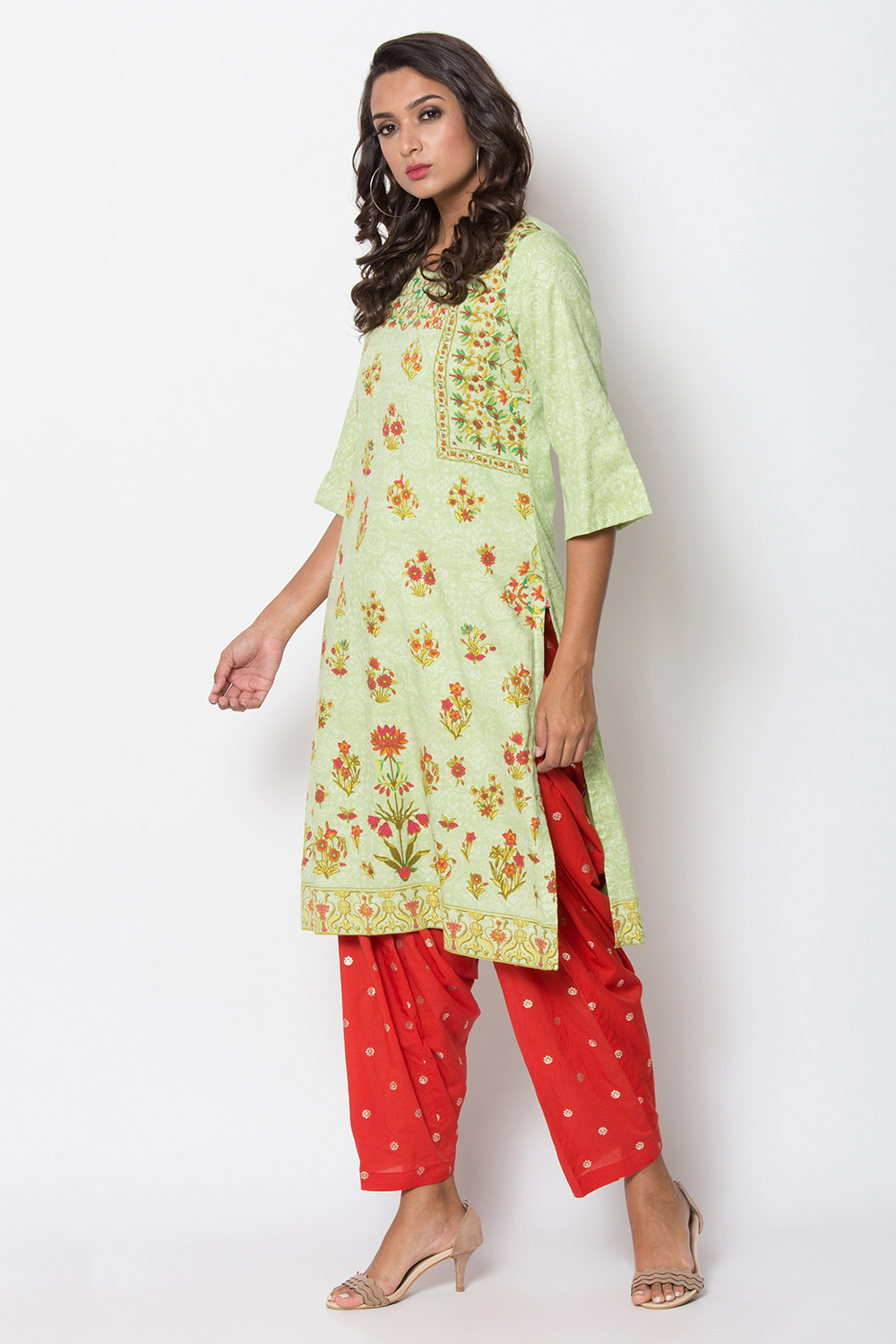 Green Metallic Cotton Straight Printed Kurta image number 3