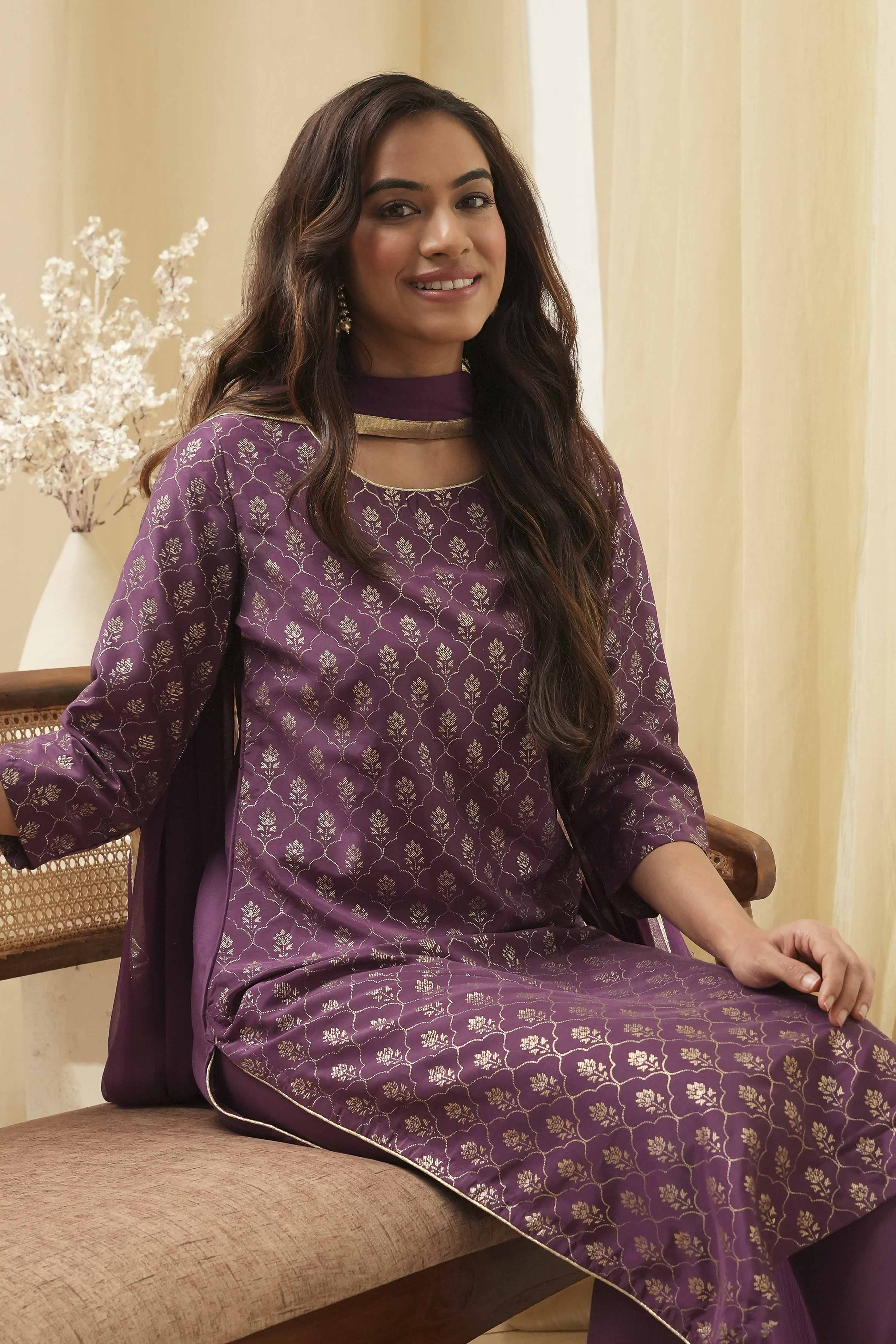 Dark Navy Art Silk Straight Kurta Slim Pants Suit Set image number 9