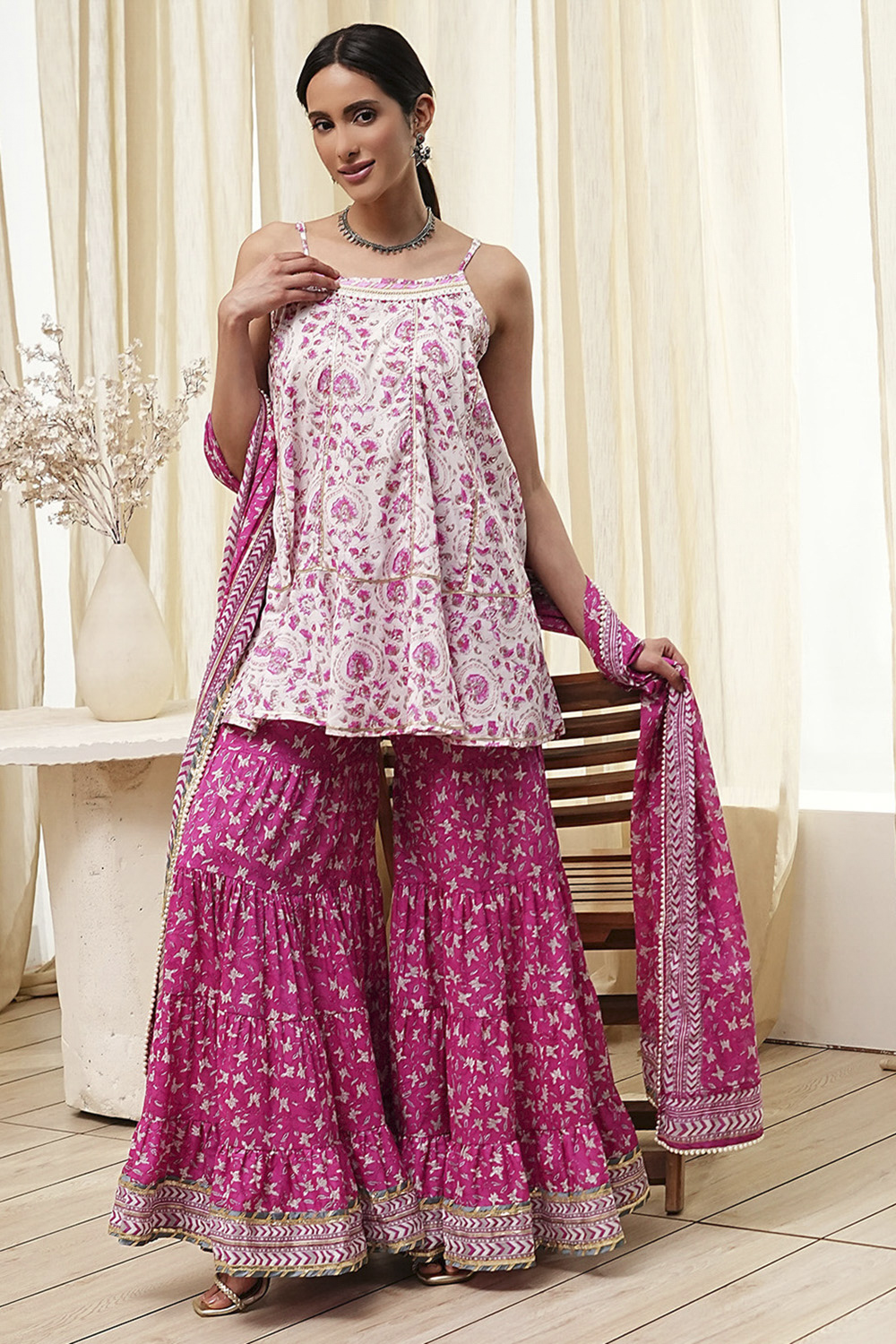 White and Blue Cotton Floral Flared Suit Set image number 0