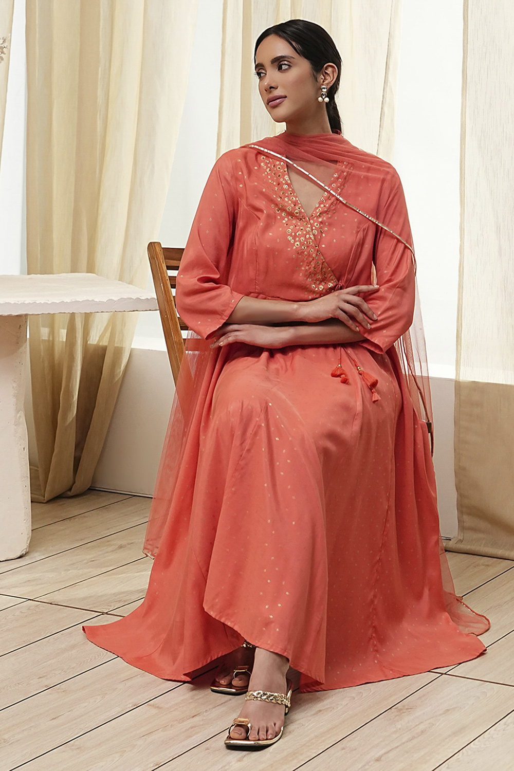 Peach Modal Printed Angrakha Anarkali Suit Set image number 0