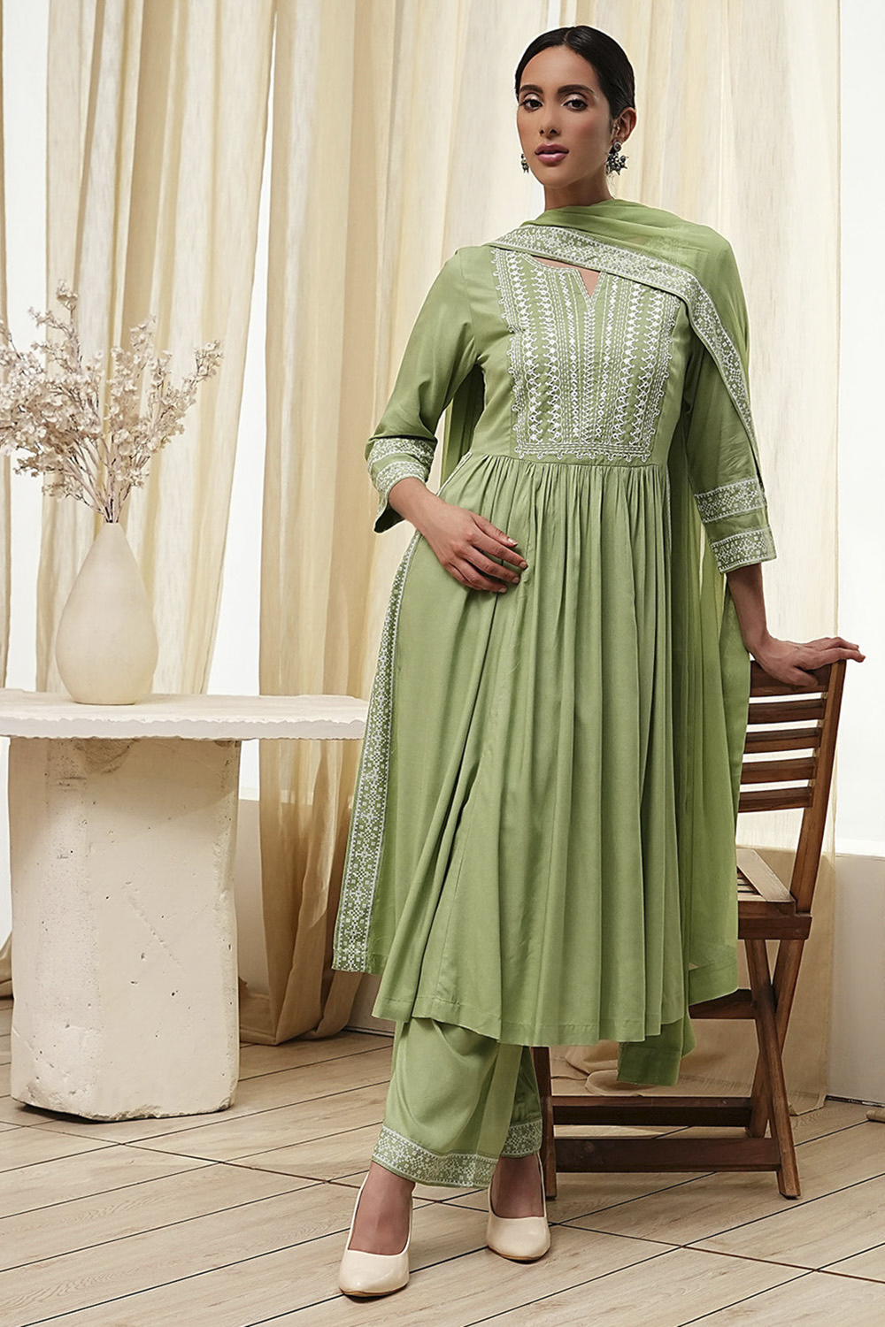 Olive Green Embroidered Gathered Suit Set image number 0