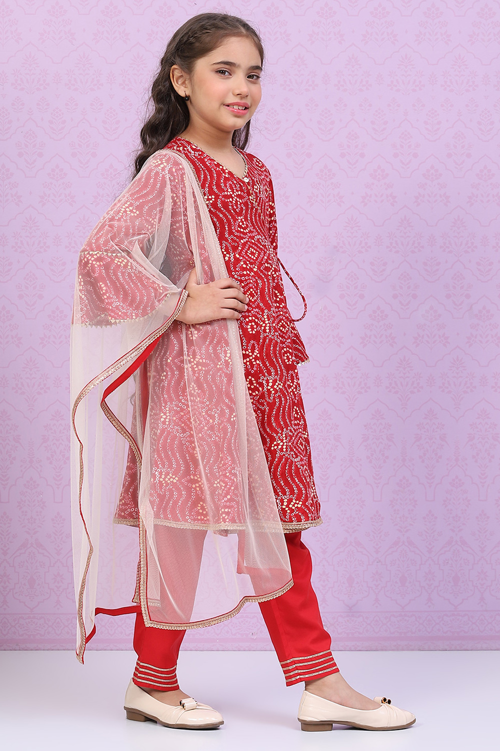 Red Rayon Front Open Kurta Regular Pants Suit Set image number 3