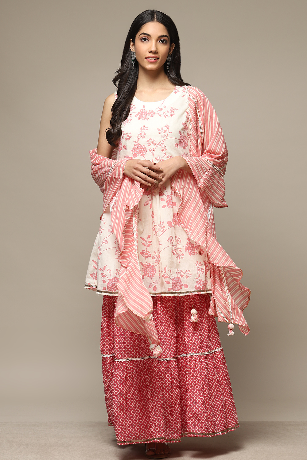 Off White & Peach Cotton Straight Kurta Garara Suit Set image number 6